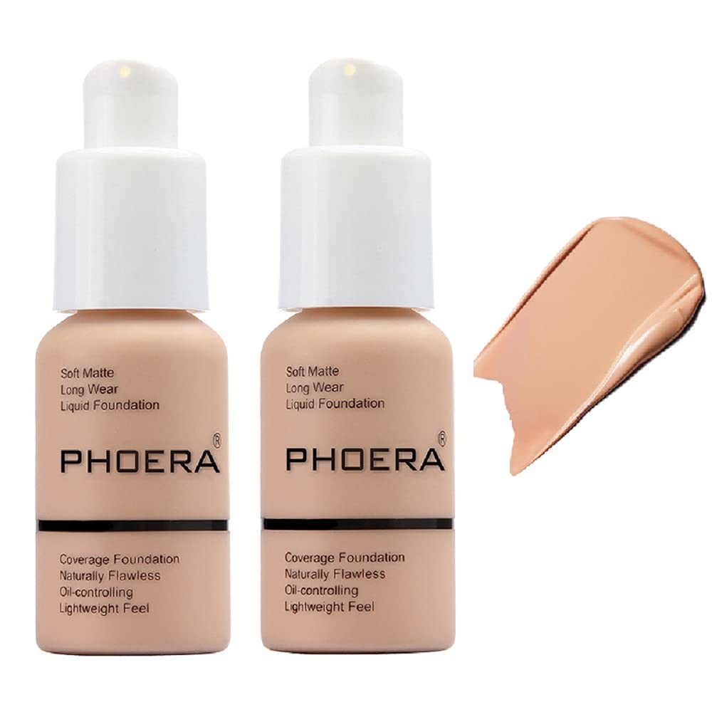 PHOERA Soft Matte Long Wear Liquid Foundation, 103 Warm Peach, 30ml, 2 Pack