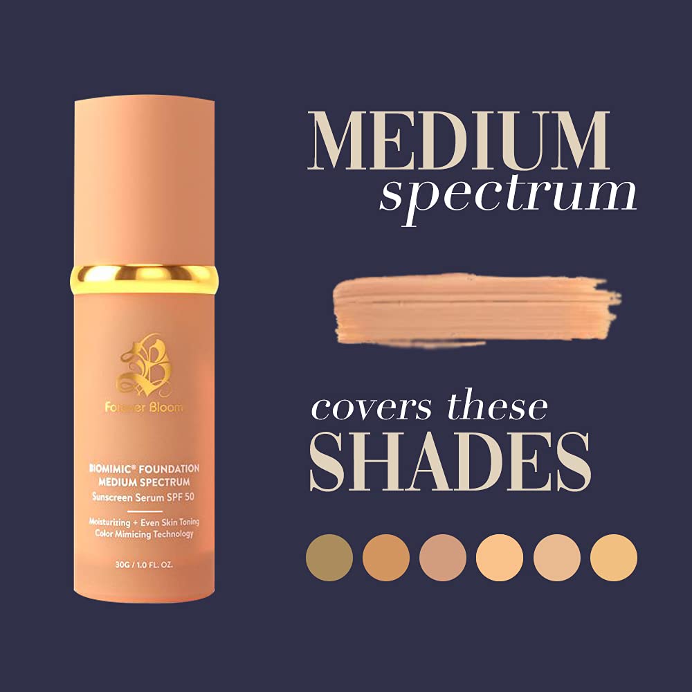 Bio Mimic Foundation Medium Spectrum by Forever Bloom; Protecting from Sun with SPF50; Foundation for Gym, Sports, Dancing Makeup for Mature & Sensitive Skin, Natural Finish Made in USA