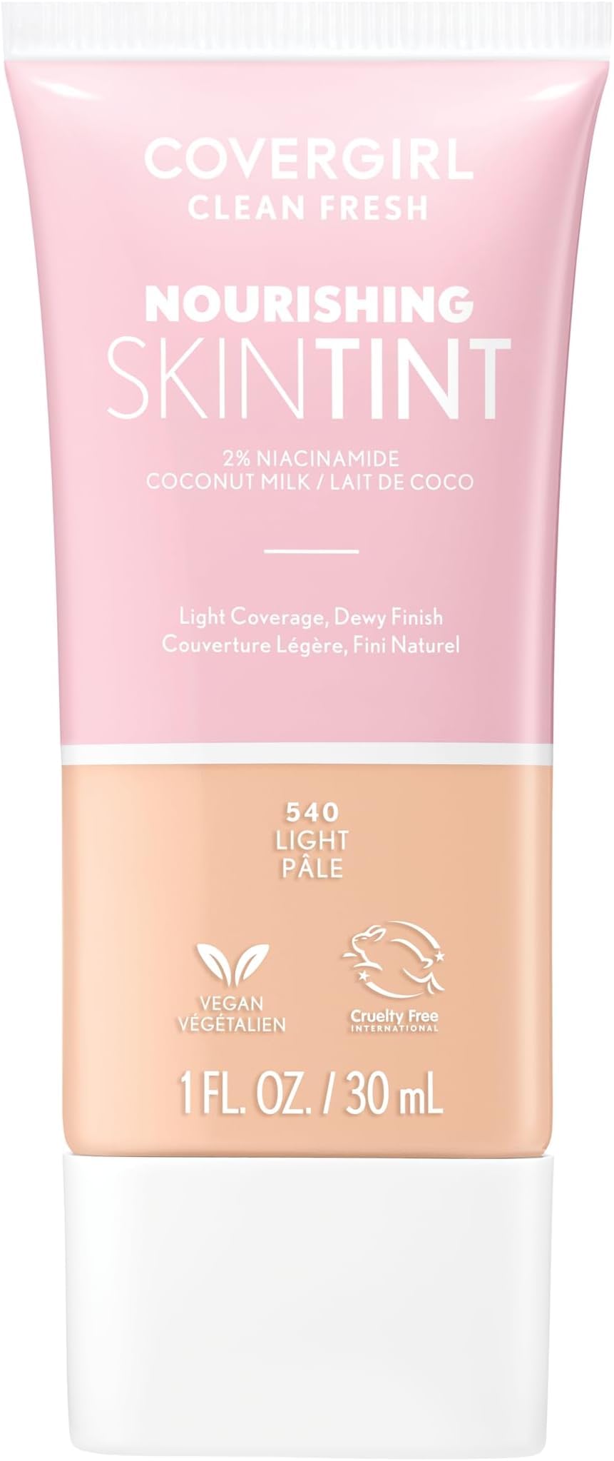 COVERGIRL Clean Fresh Nourishing Skin Tint, 550 Light/Medium, Liquid Foundation, Dewy Finish, Infused with Coconut & Aloe, Vegan Formula