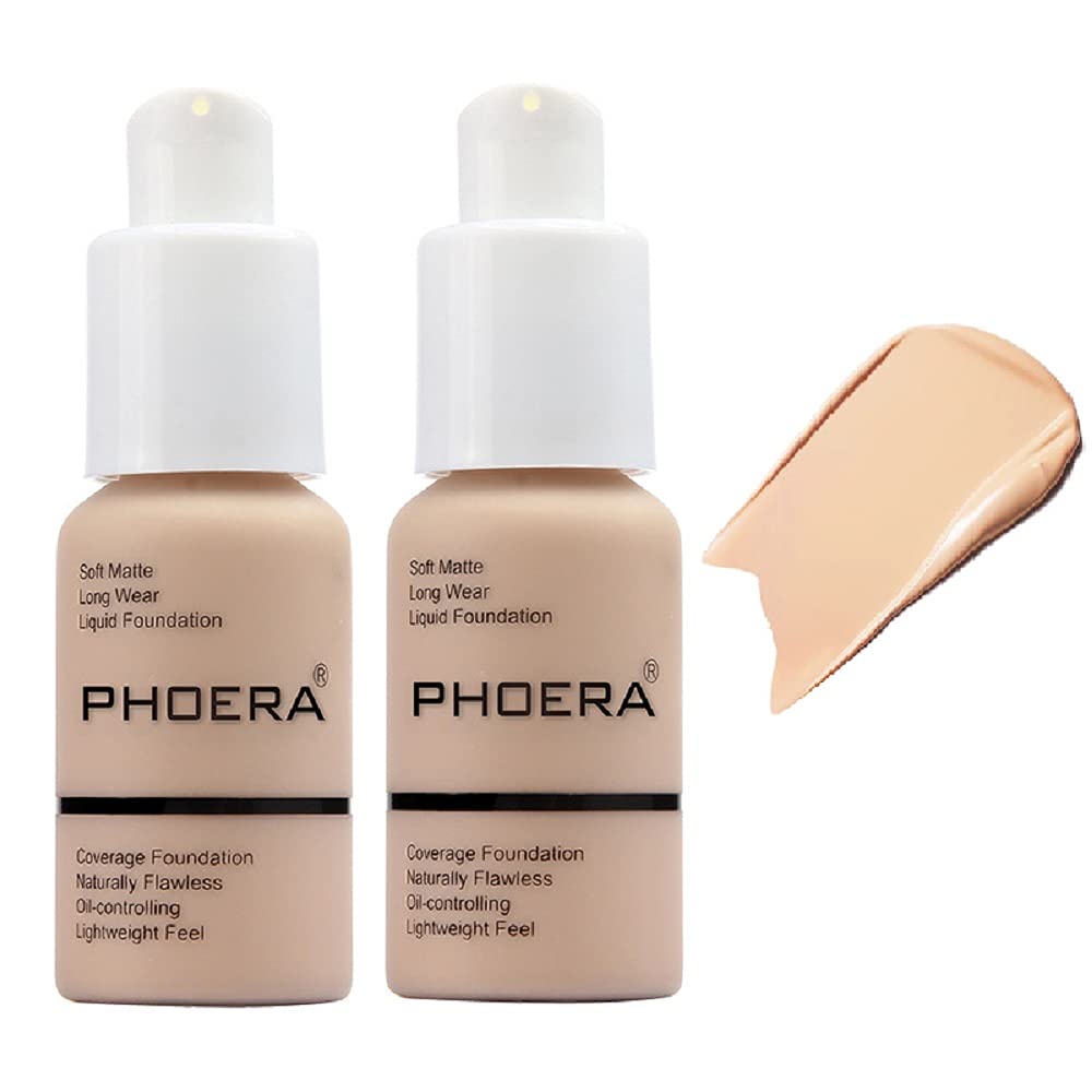 PHOERA Soft Matte Long Wear Liquid Foundation, 103 Warm Peach, 30ml, 2 Pack
