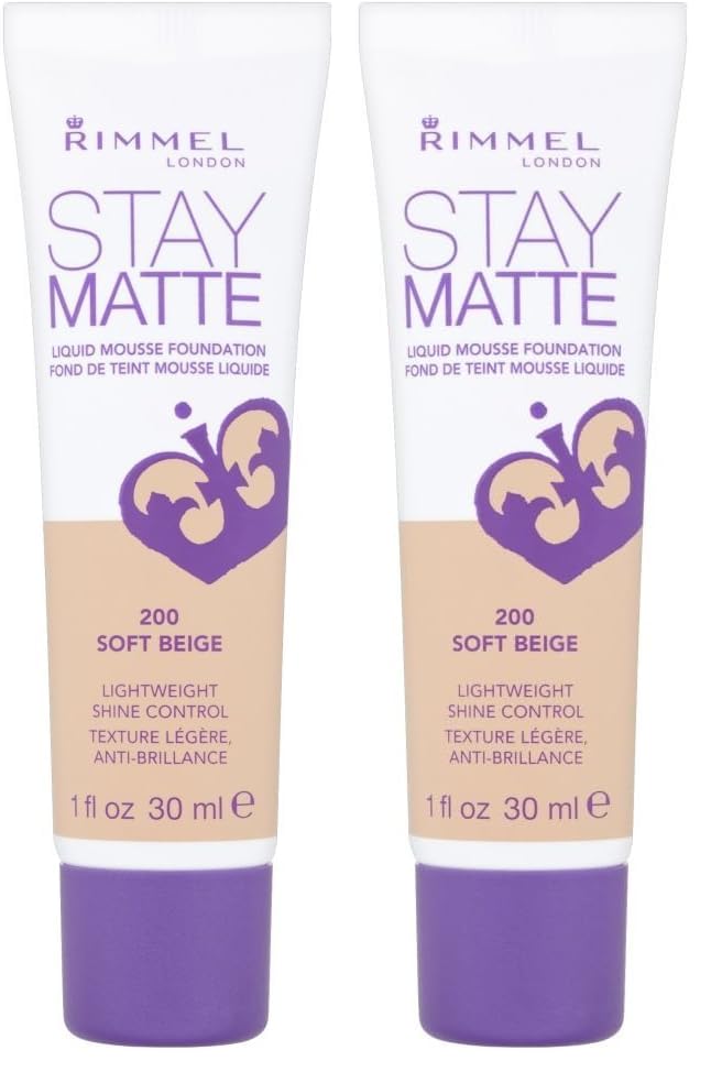 Rimmel London Stay Matte Liquid Mousse - 200 Soft Beige - Foundation, Lightweight, Shine Control, Oil-Free, 1oz