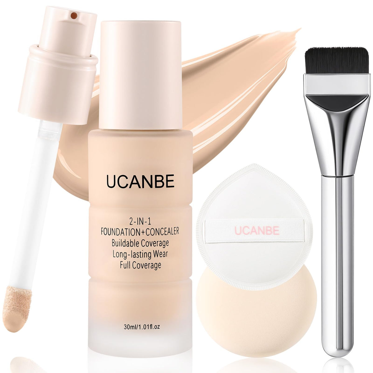 UCANBE 2-in-1 Liquid Foundation & Concealer, Full Coverage Foundation Makeup Set for Combination & Oily Skin, Hydrating Formula with Hyaluronic Acid, Vitamin C (03 Soft Beige)