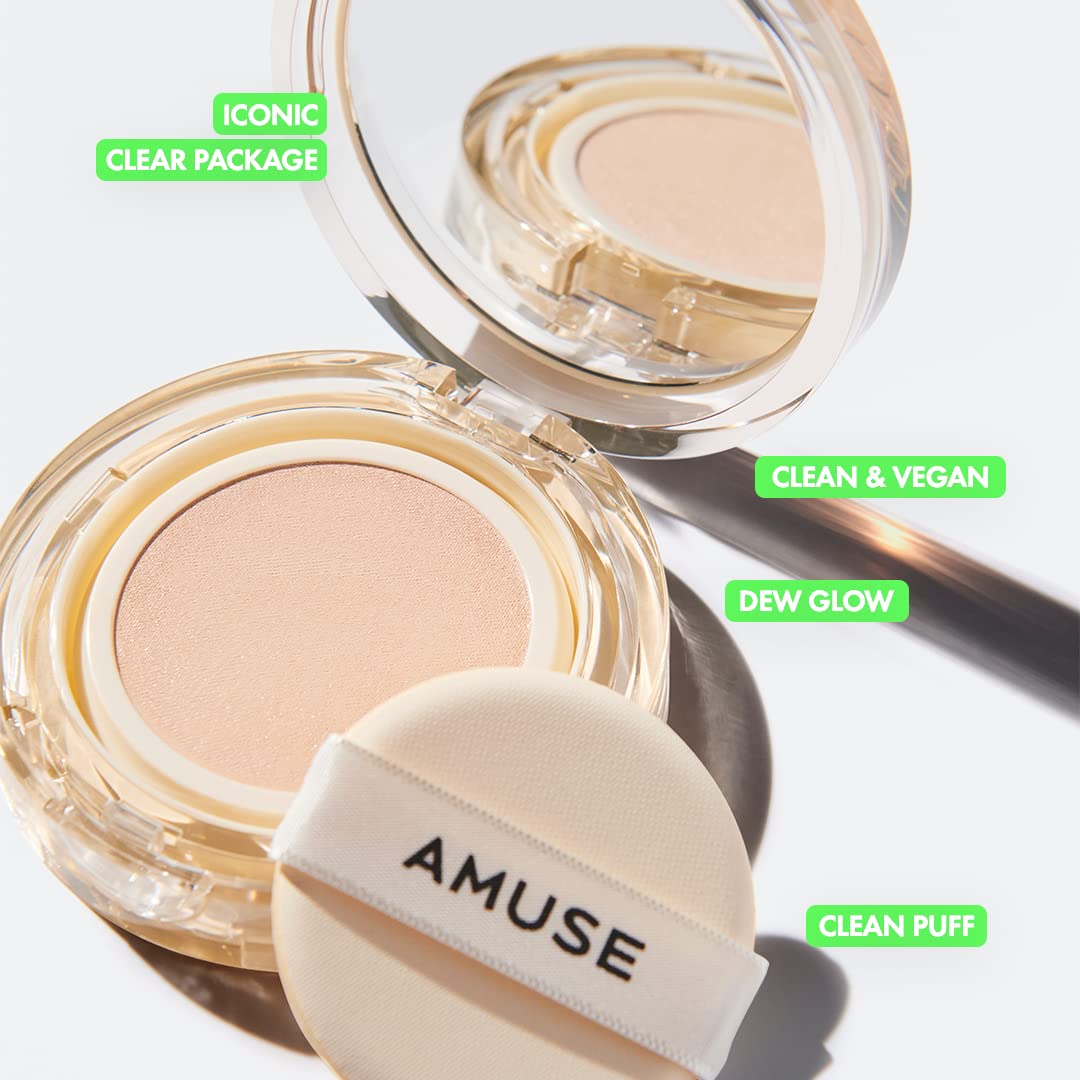 AMUSE SEOUL Dew Jelly Vegan Cushion Foundation (01 SOONSOO) - Full Coverage, Dewy Glow Finish, Lightweight, Long Lasting, Firming Texture, All Skin Types, Vegan, Korean Makeup