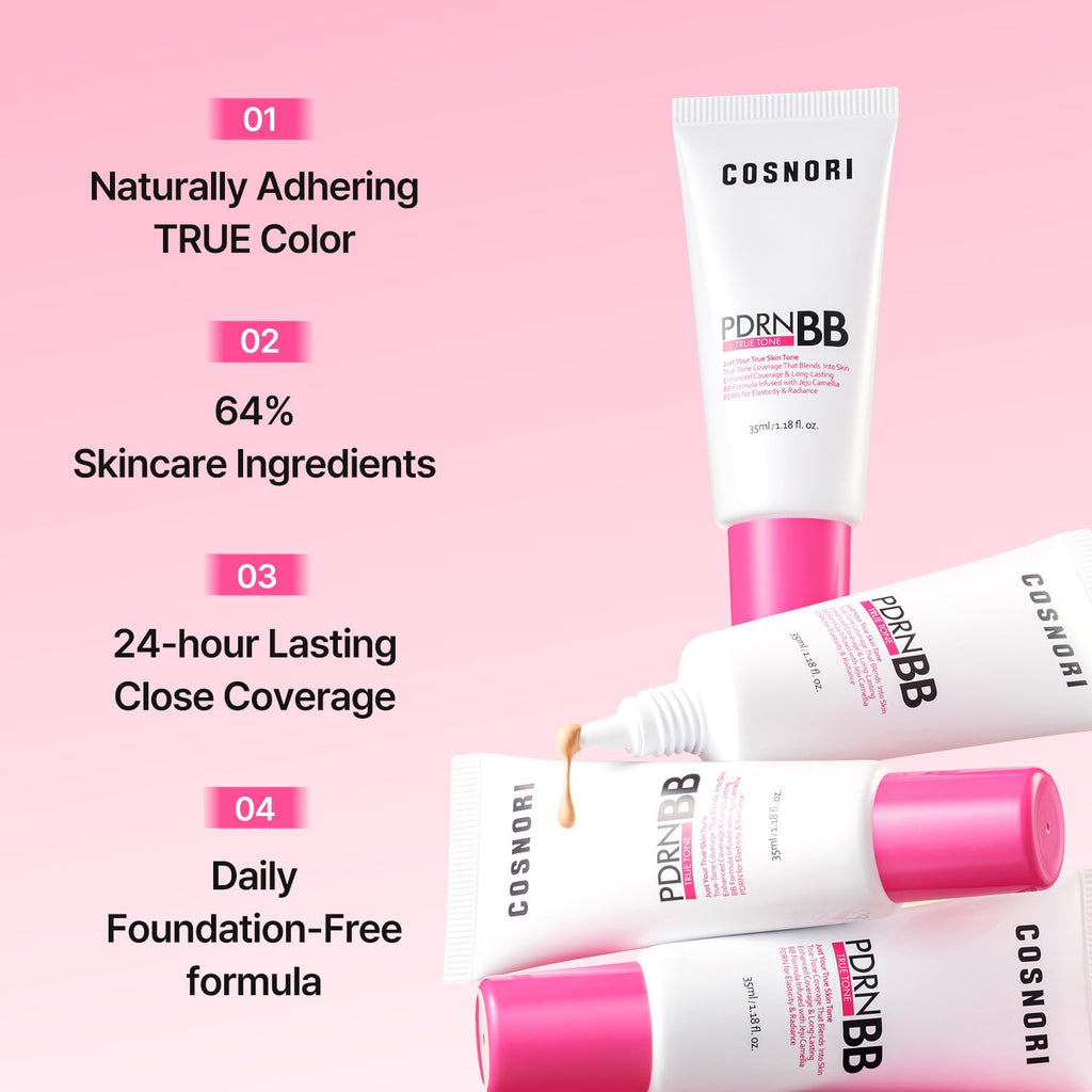COSNORI PDRN True Tone BB Cream 23 True Medium - Medium Beige with Neutral Warm Undertones, No Gray Cast, Soothing Formula with Camellia PDRN, Long Lasting Natural Coverage,Korean BB Cream, 1.18 Fl Oz