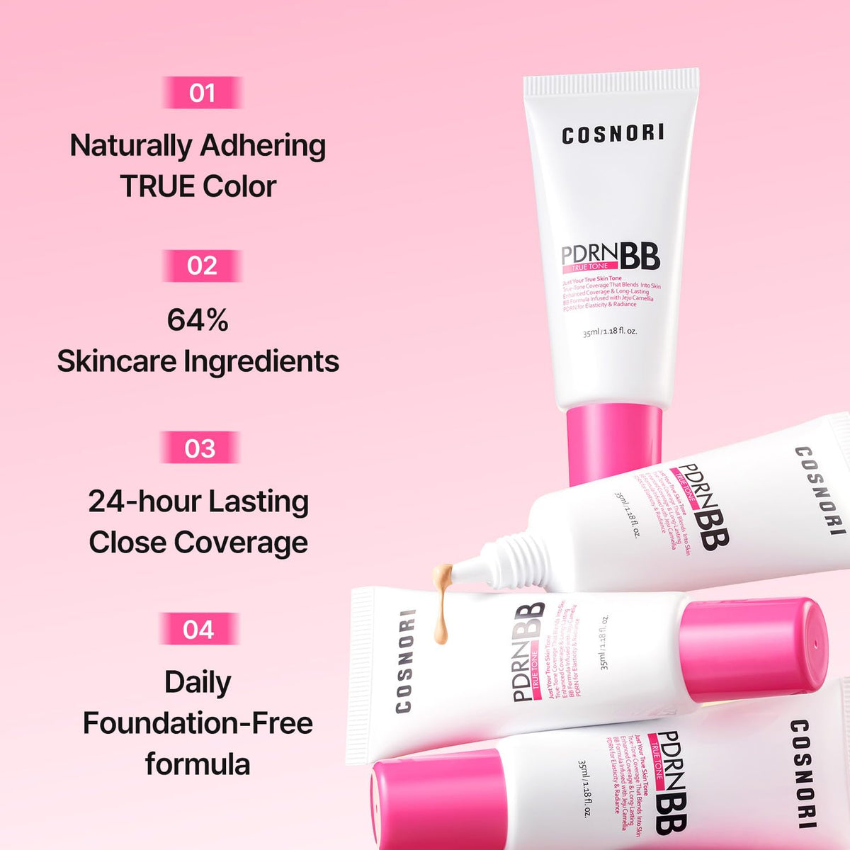 COSNORI PDRN True Tone BB Cream 23 True Medium - Medium Beige with Neutral Warm Undertones, No Gray Cast, Soothing Formula with Camellia PDRN, Long Lasting Natural Coverage,Korean BB Cream, 1.18 Fl Oz