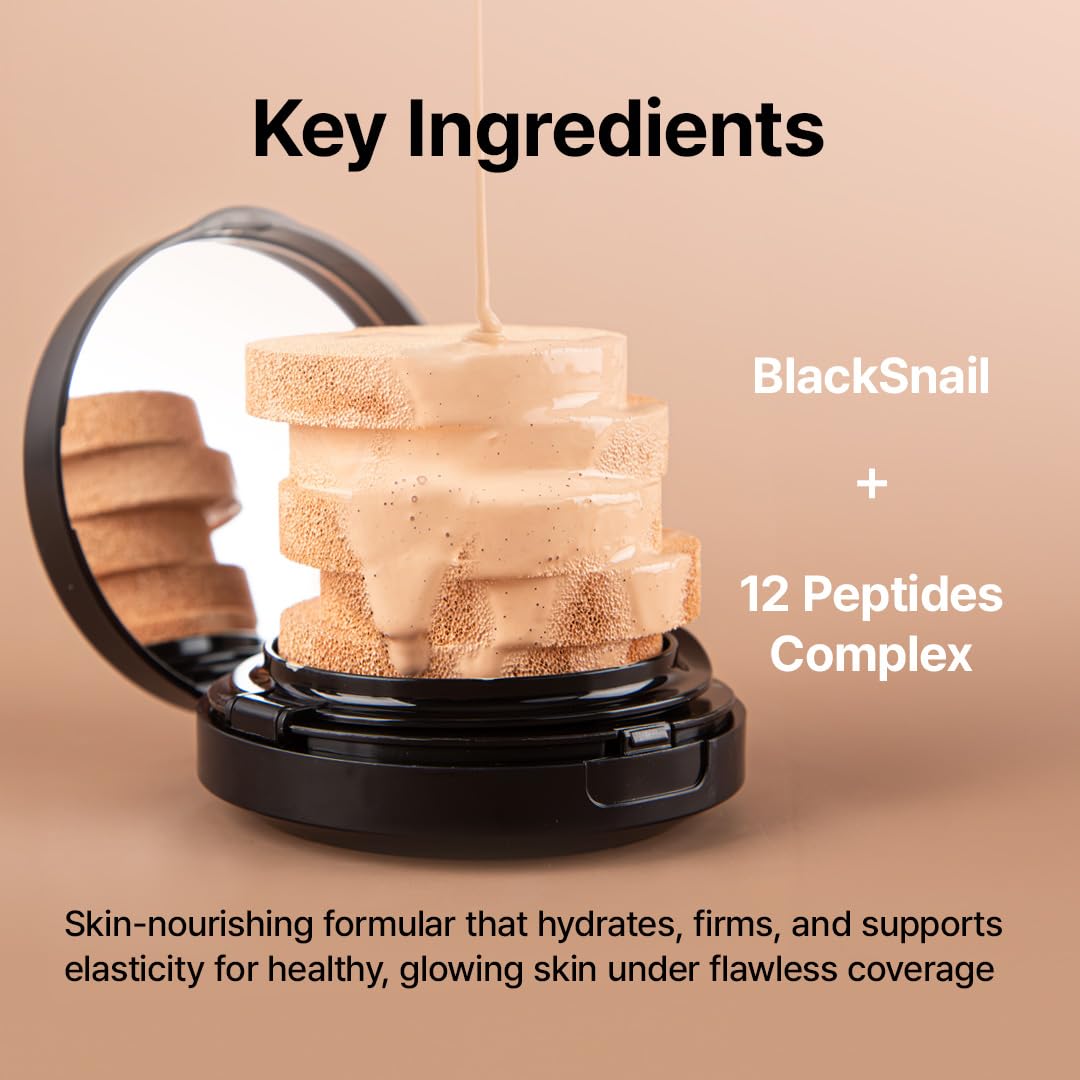 Farmstay Black Snail & Peptide 9 Perfect Cushion Foundation | Full Coverage, Lightweight, Skin-Fit, Smooth Radiant Finish, Korean Cushion Foundation (#23 Natural Beige, 0.53 Fl Oz)