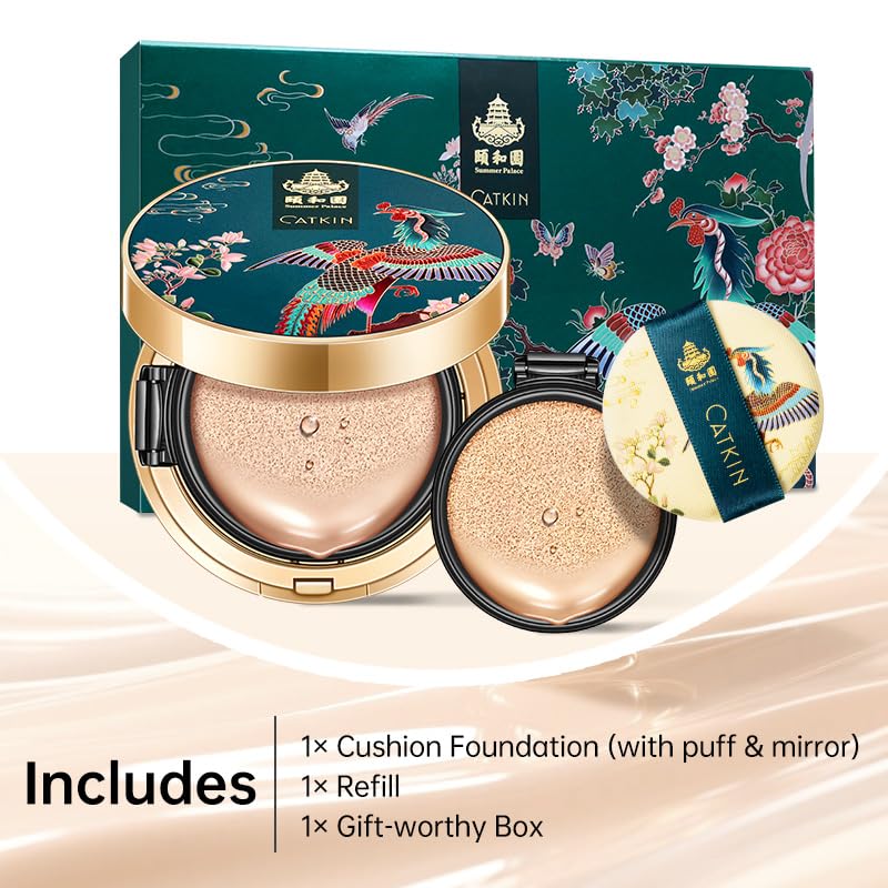 Catkin Phoenix Cushion Foundation Buildable Coverage Anti-Aging Serum Makeup, Sheer Satin Finish, Refill Included, Light Beige 0.46 Oz x 2, C01 NATURAL