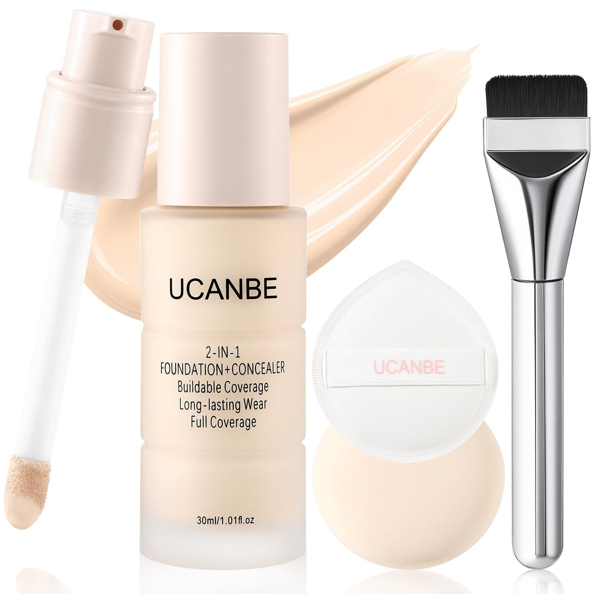 UCANBE 2-in-1 Liquid Foundation & Concealer, Full Coverage Foundation Makeup Set for Combination & Oily Skin, Hydrating Formula with Hyaluronic Acid, Vitamin C (03 Soft Beige)