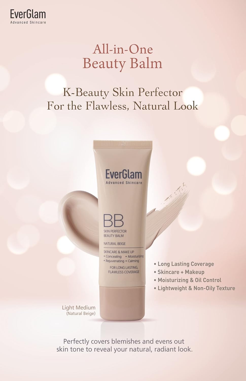 K-Beauty Skin Perfector Korean BB Cream, Light Medium - Flawless, Natural Glow in Seconds | Multi-Function Tinted Moisturizer: Stays On All Day, Dewy, Water-Resistant, Oil-Controlling