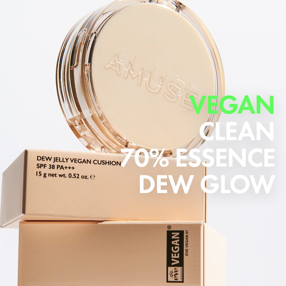 AMUSE SEOUL Dew Jelly Vegan Cushion Foundation (01 SOONSOO) - Full Coverage, Dewy Glow Finish, Lightweight, Long Lasting, Firming Texture, All Skin Types, Vegan, Korean Makeup