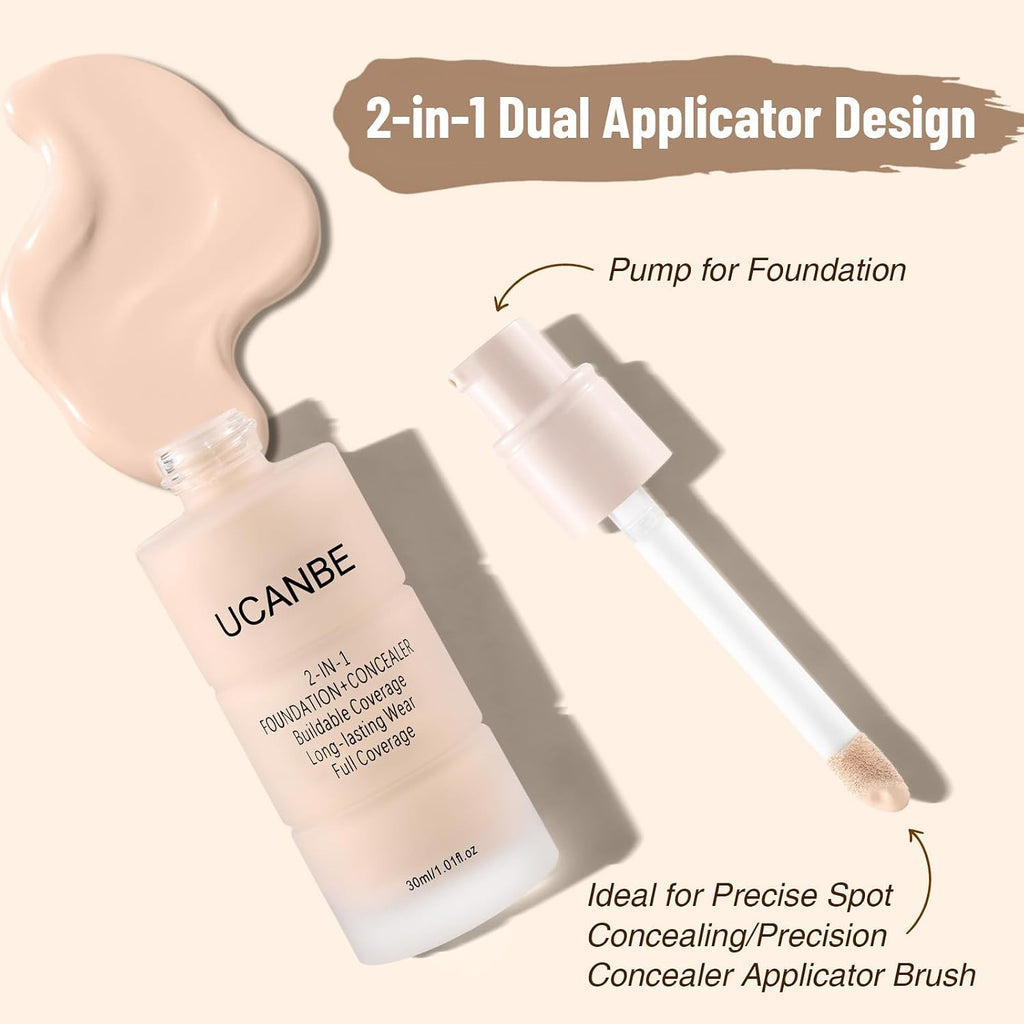 UCANBE 2-in-1 Liquid Foundation & Concealer, Full Coverage Foundation Makeup Set for Combination & Oily Skin, Hydrating Formula with Hyaluronic Acid, Vitamin C (03 Soft Beige)