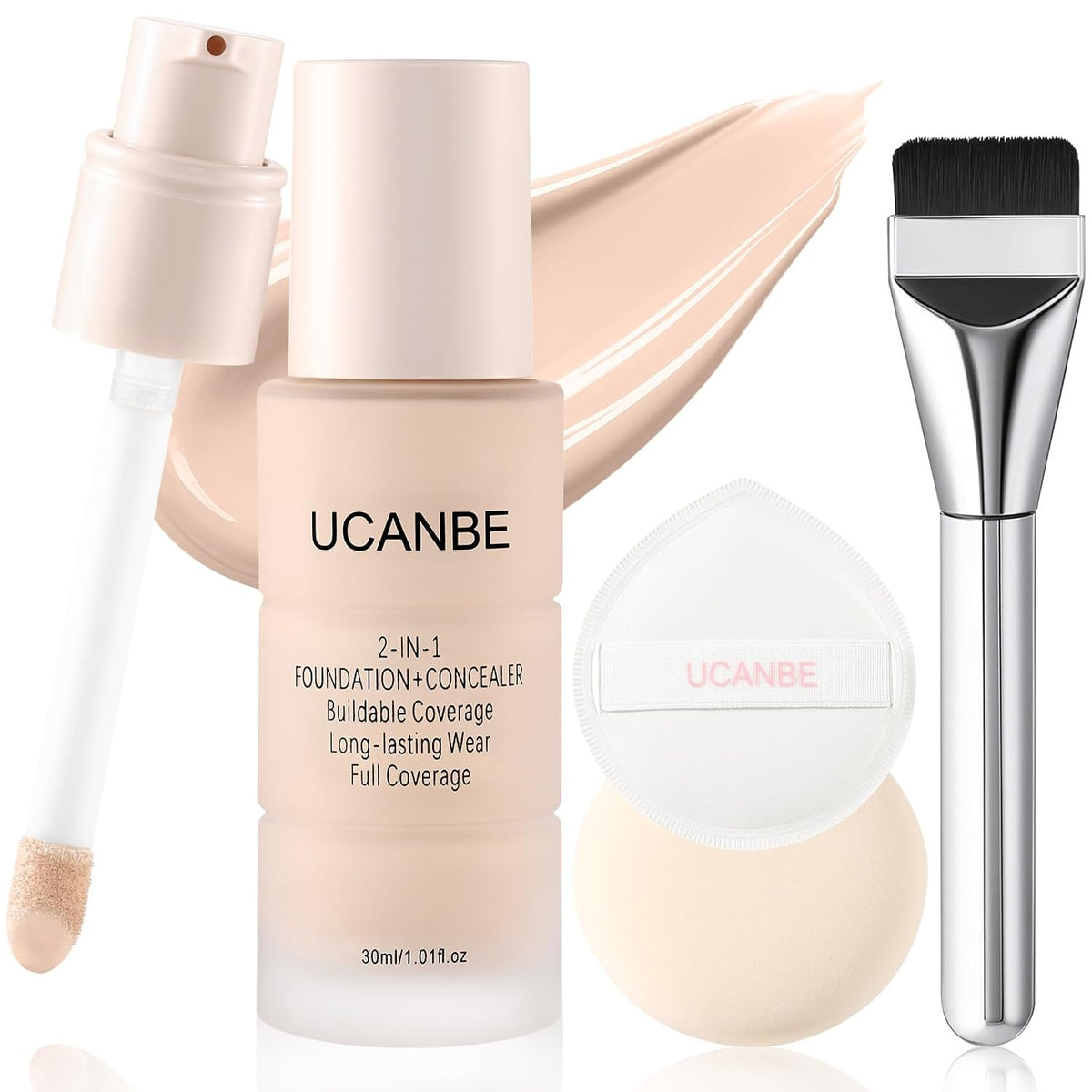 UCANBE 2-in-1 Liquid Foundation & Concealer, Full Coverage Foundation Makeup Set for Combination & Oily Skin, Hydrating Formula with Hyaluronic Acid, Vitamin C (03 Soft Beige)