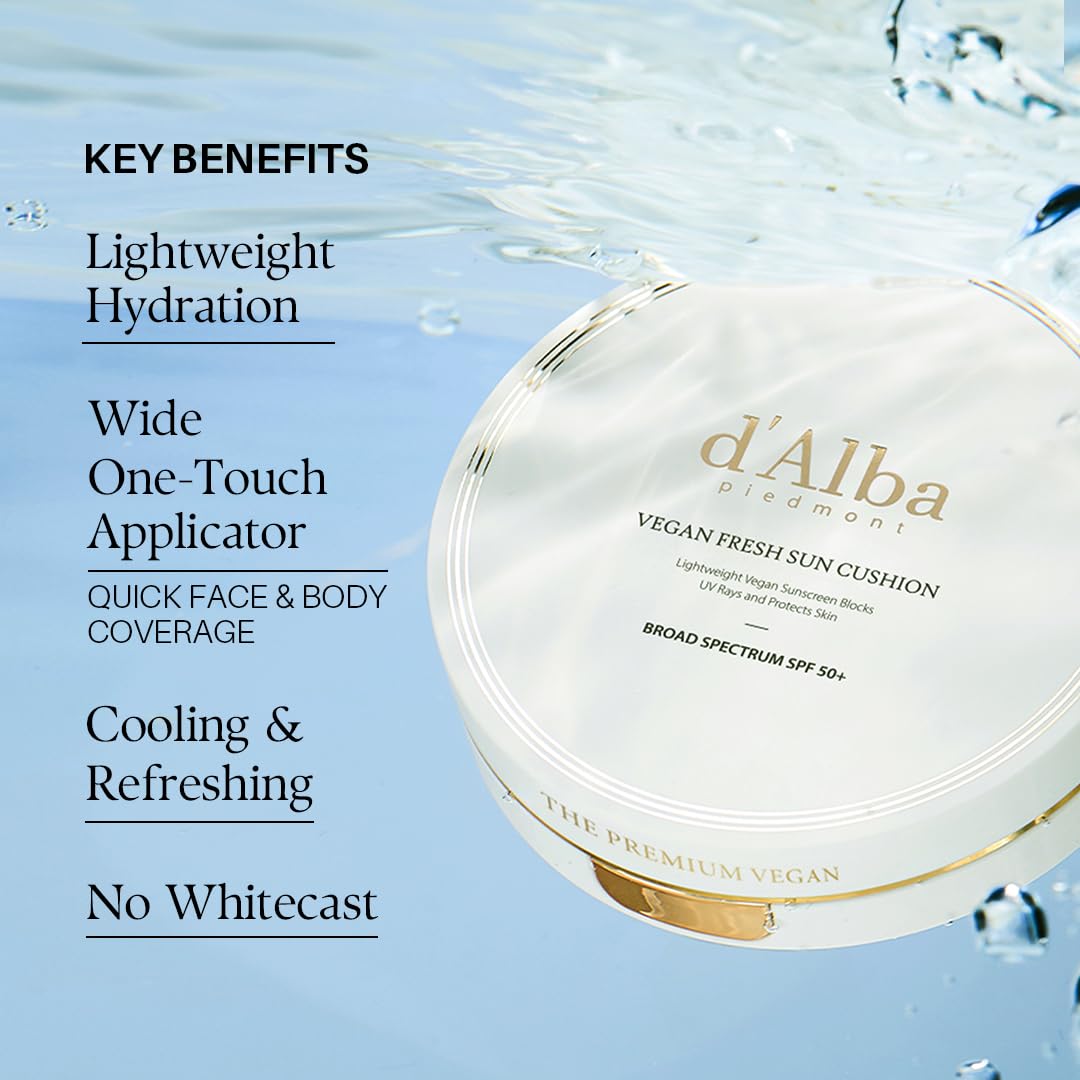 d'alba Piedmont Vegan Fresh Sun Cushion, BROAD SPECTRUM SPF 50 + Korean Sunscreen for Face, Hydrating, Thin Layer, For All Skin Types (0.88 oz)