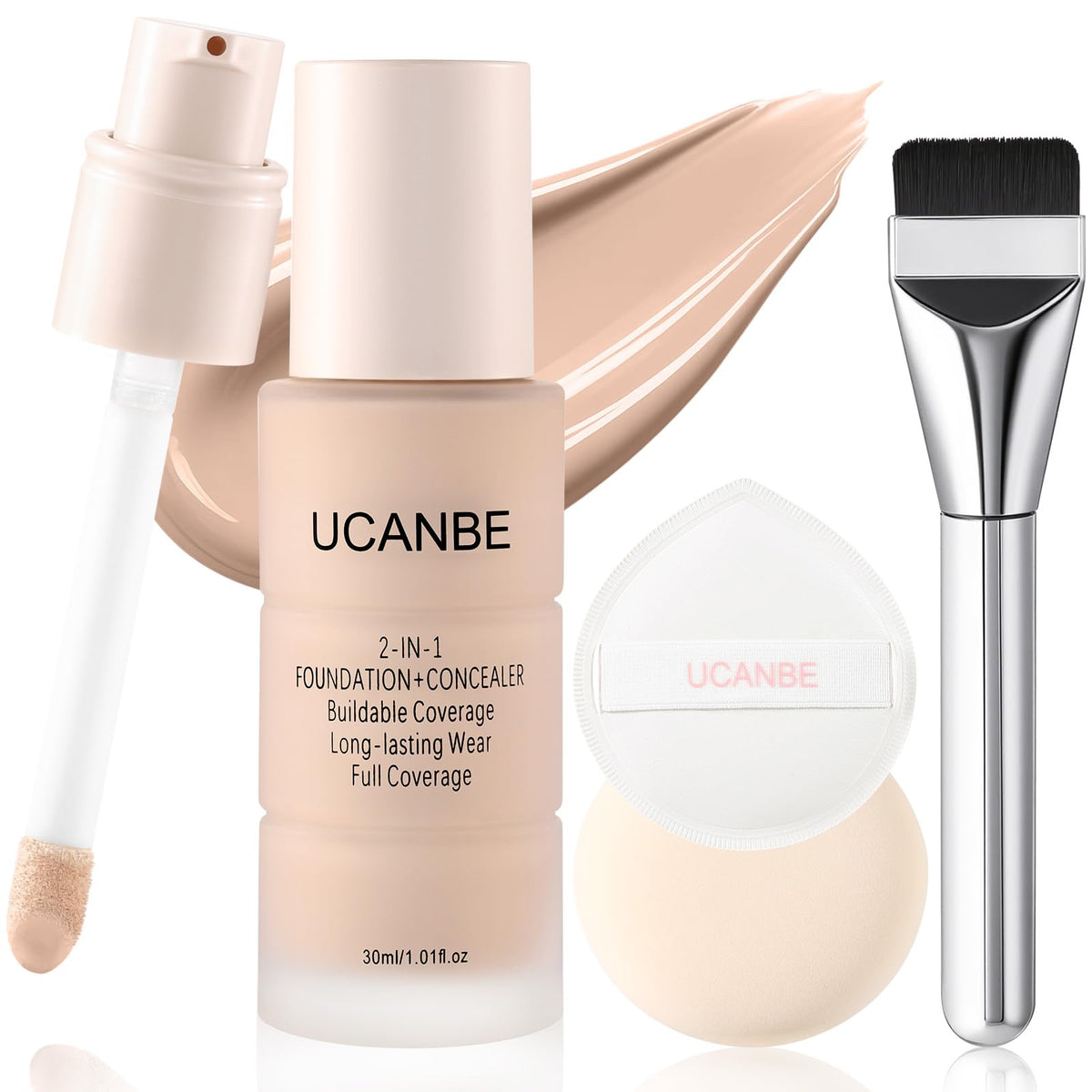 UCANBE 2-in-1 Liquid Foundation & Concealer, Full Coverage Foundation Makeup Set for Combination & Oily Skin, Hydrating Formula with Hyaluronic Acid, Vitamin C (03 Soft Beige)