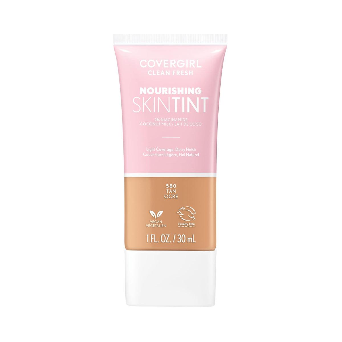 COVERGIRL Clean Fresh Nourishing Skin Tint, 550 Light/Medium, Liquid Foundation, Dewy Finish, Infused with Coconut & Aloe, Vegan Formula