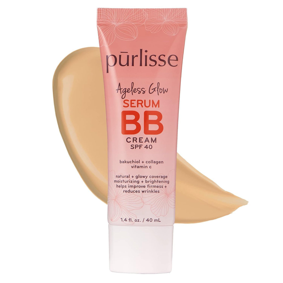 pūrlisse Ageless Glow Serum BB Cream SPF 40 - Glowy Tinted Moisturizer with SPF - Korean Skin Care Formula with Vitamin C & Bakuchiol to Firm, Brighten & Even Skin - Medium Warm(1.4 oz)
