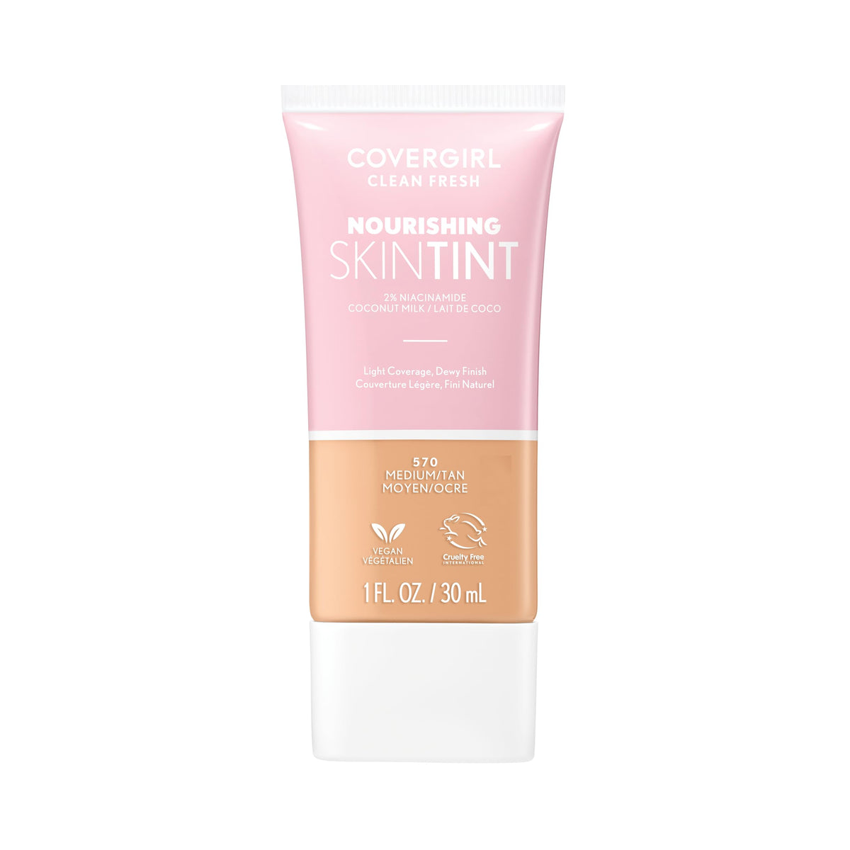 COVERGIRL Clean Fresh Nourishing Skin Tint, 550 Light/Medium, Liquid Foundation, Dewy Finish, Infused with Coconut & Aloe, Vegan Formula
