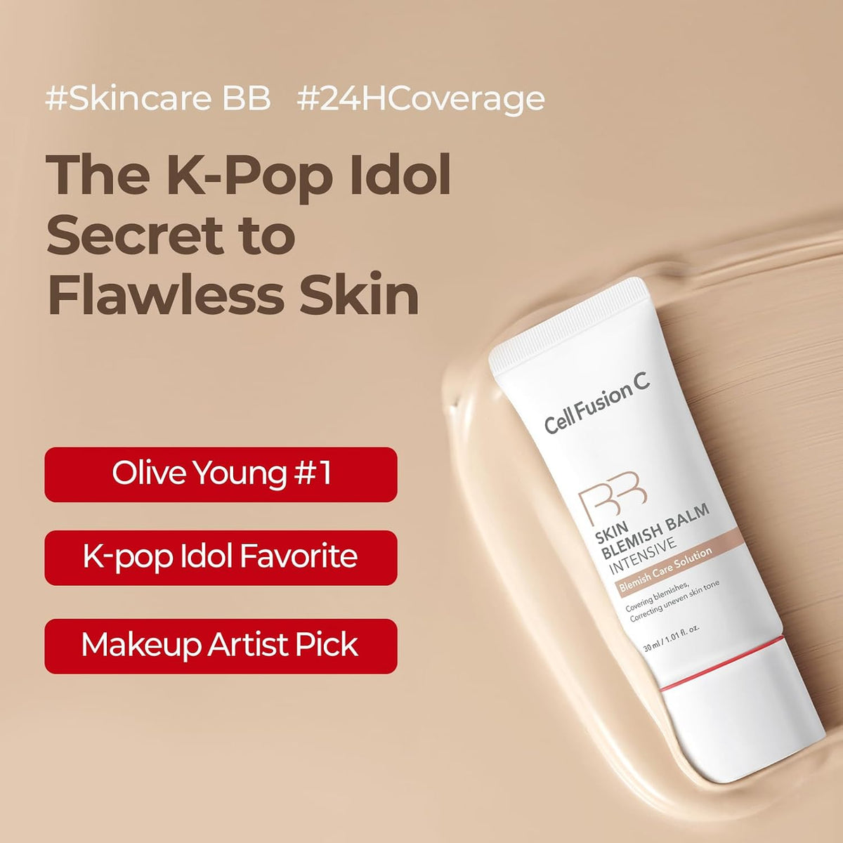 Cell Fusion C Skin Blemish Balm No.23 Signature Beige - Light/Medium, Lightweight BB Cream with Ceramide, Tinted Moisturizer for Sensitive Skin, SPF-Free, Korean Makeup, 1.01 fl.oz.