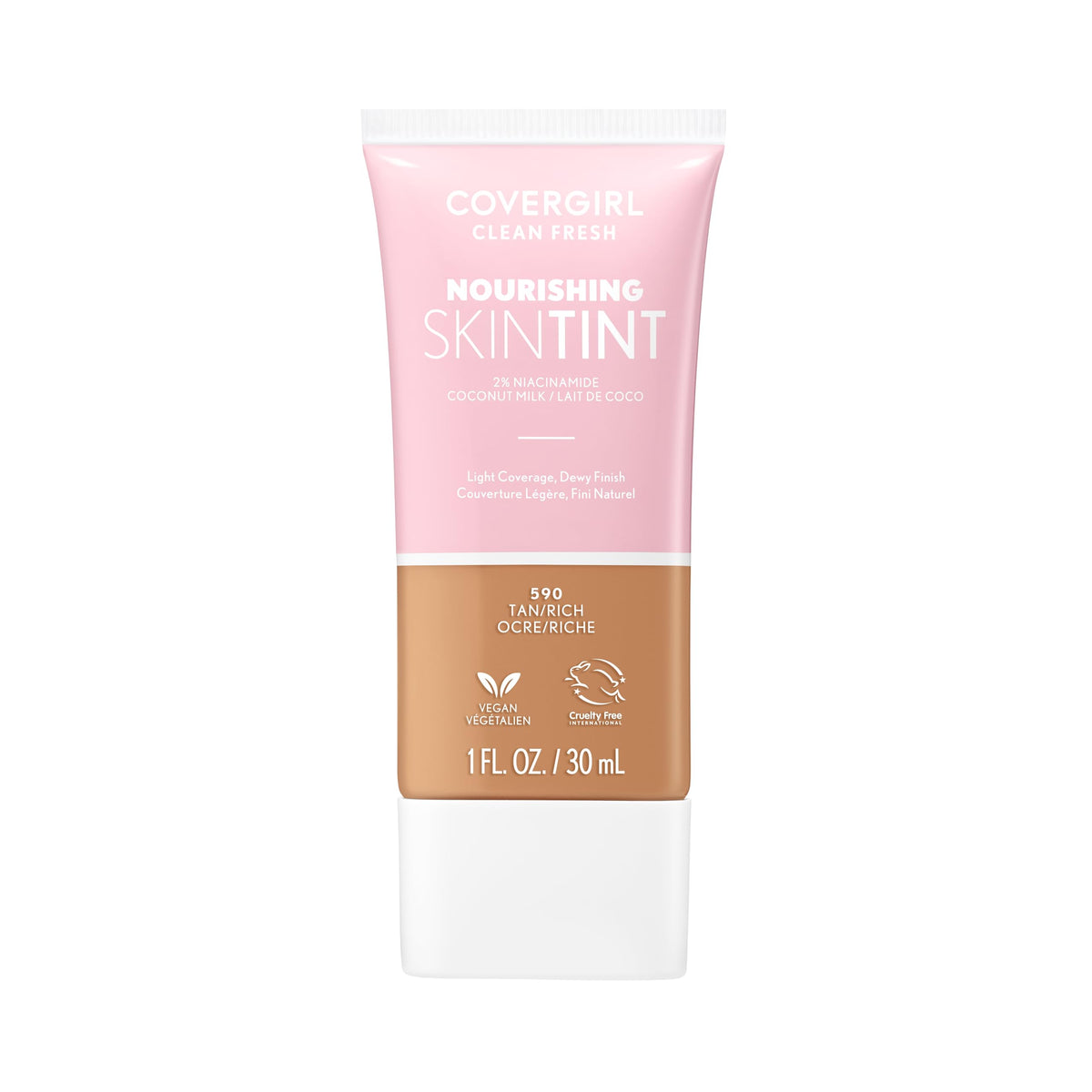COVERGIRL Clean Fresh Nourishing Skin Tint, 550 Light/Medium, Liquid Foundation, Dewy Finish, Infused with Coconut & Aloe, Vegan Formula