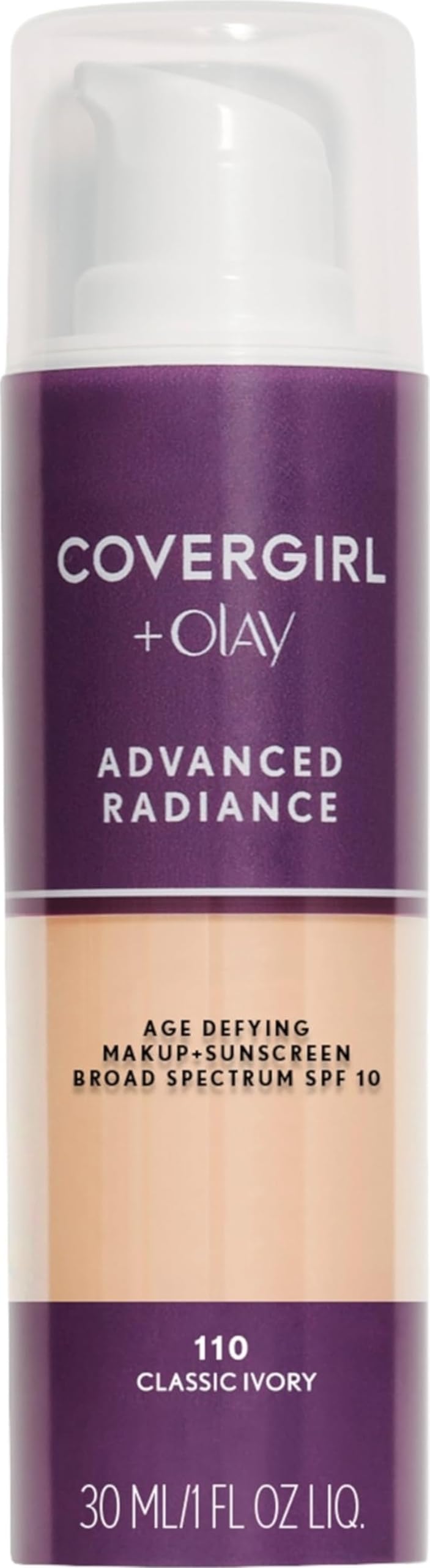 COVERGIRL Advanced Radiance Age-Defying Liquid Foundation Makeup | Anti-Aging, Age-Defying Formula, Buildable Coverage (Packaging May Vary) | 110 Classic Ivory | 1 fl oz (Pack of 1)