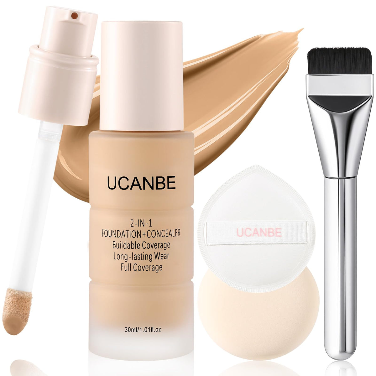 UCANBE 2-in-1 Liquid Foundation & Concealer, Full Coverage Foundation Makeup Set for Combination & Oily Skin, Hydrating Formula with Hyaluronic Acid, Vitamin C (03 Soft Beige)