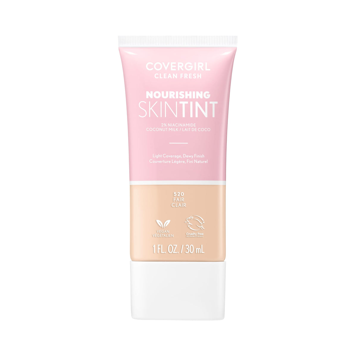 COVERGIRL Clean Fresh Nourishing Skin Tint, 550 Light/Medium, Liquid Foundation, Dewy Finish, Infused with Coconut & Aloe, Vegan Formula