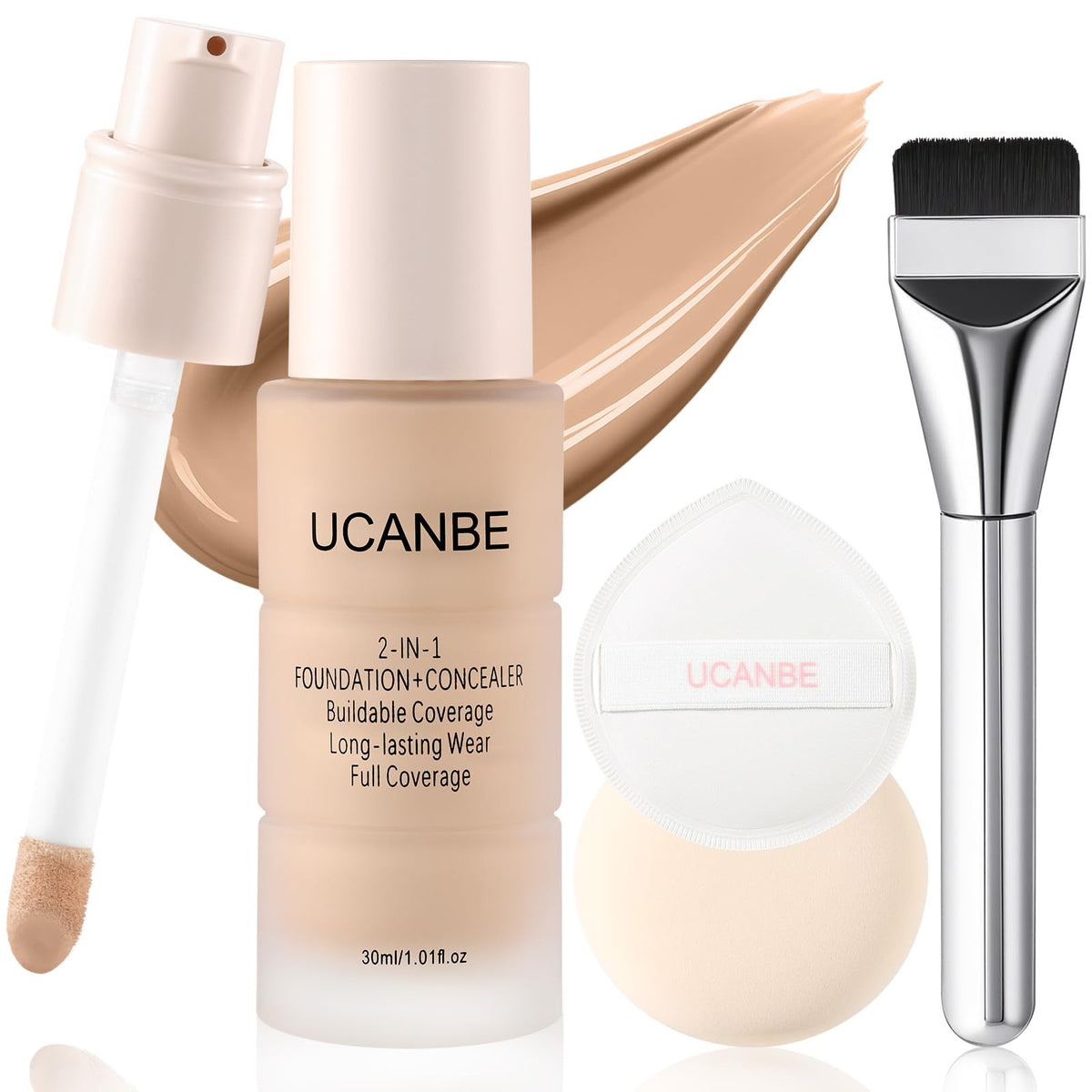 UCANBE 2-in-1 Liquid Foundation & Concealer, Full Coverage Foundation Makeup Set for Combination & Oily Skin, Hydrating Formula with Hyaluronic Acid, Vitamin C (03 Soft Beige)