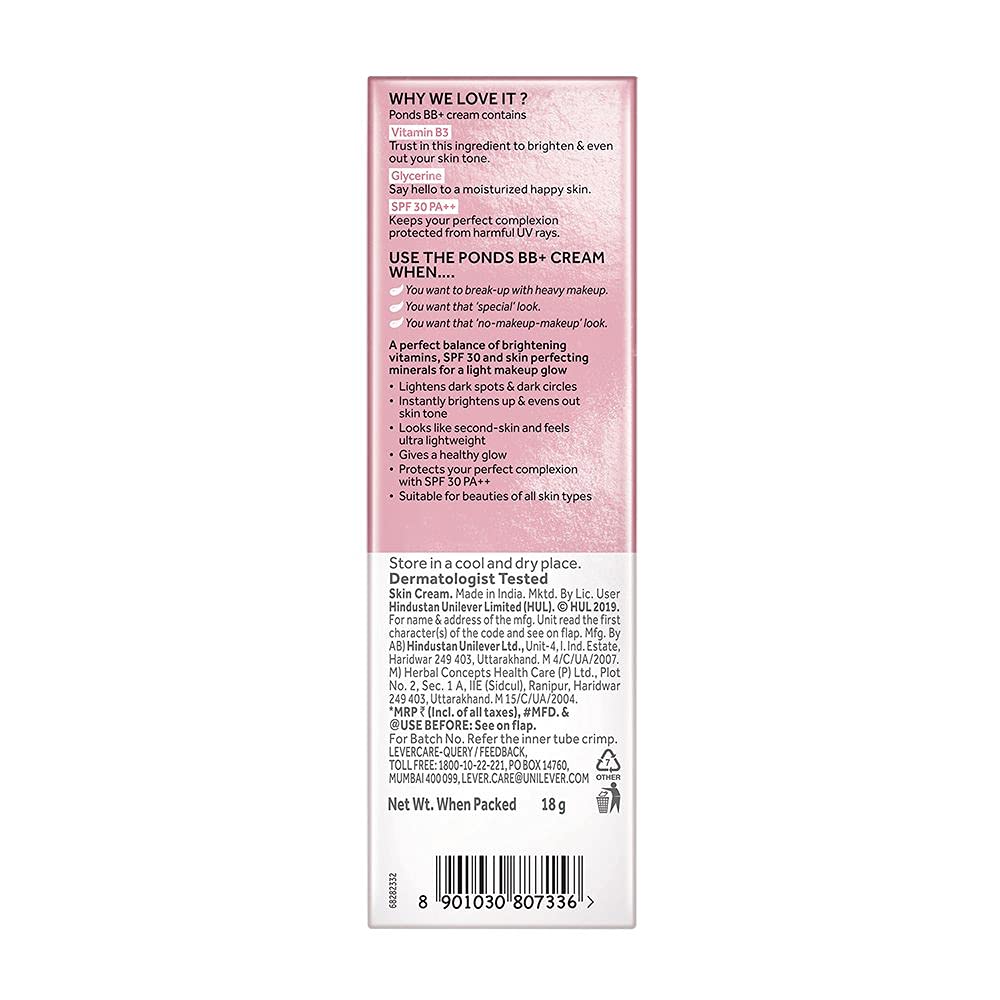 POND’S BB+ Cream Natural Shade, Light Coverage with SPF 30 PA++, 18 g (0.63 oz)