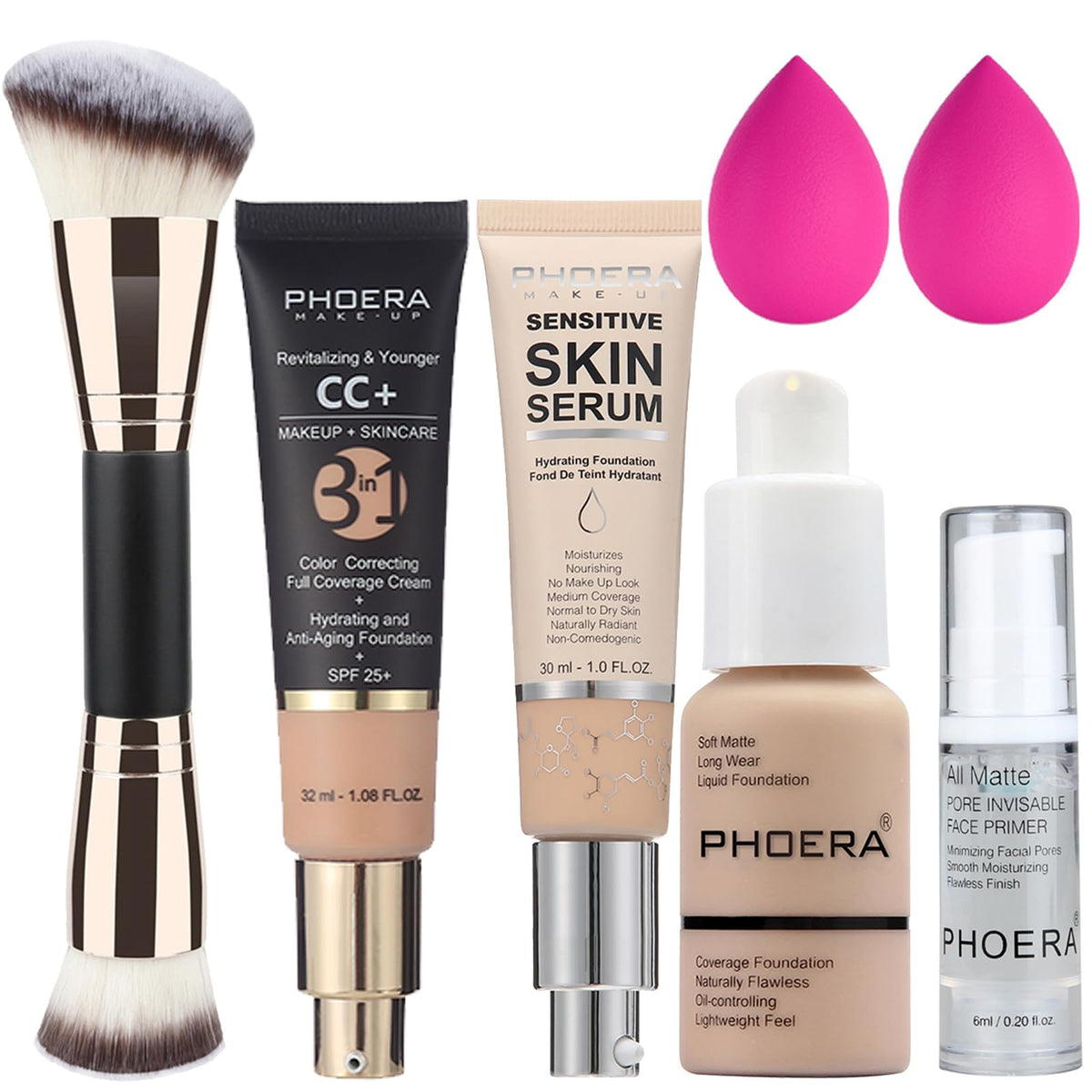 PHOERA Foundation Full Coverage, CC+ Cream Matte Finish for Mature Skin, Primer (102+120CC+N02/Nude)