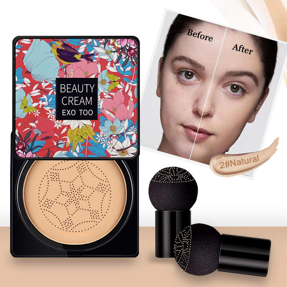 Mushroom Head Air Cushion CC Cream Foundation, Moisturizing BB Cream, Long Lasting Matte Concealer with 2PCS Mushroom Head Sponges