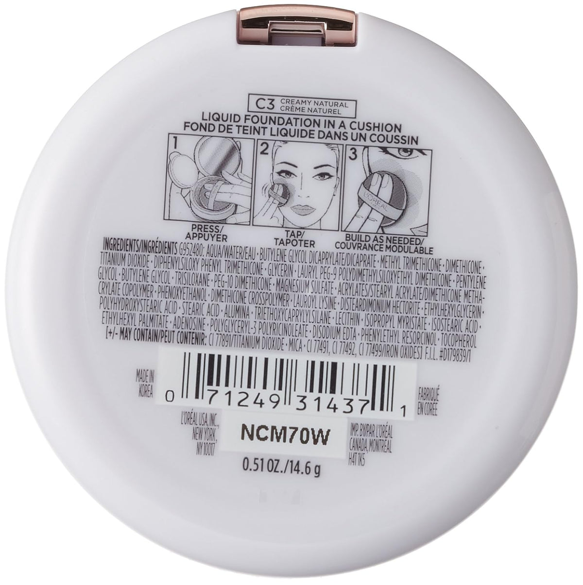 L'Oréal Paris True Match Lumi Cushion Foundation, C3 Creamy Natural, 0.51 oz.