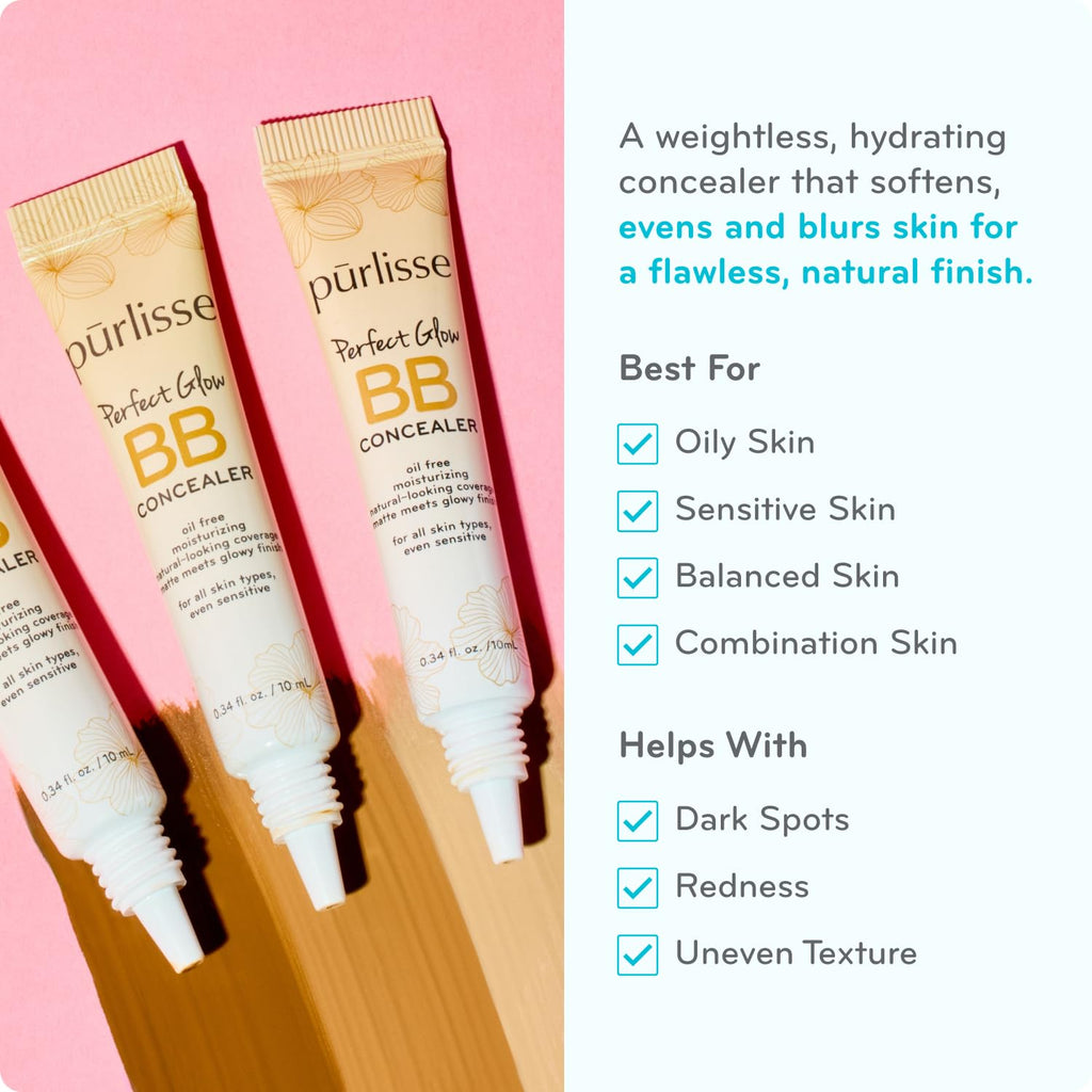 pūrlisse Perfect Glow BB Cream Concealer - Hydrating Under Eye Concealer with Jasmine and Goji & Hawthorn Berry - Oil Free Makeup for Dark Circles, Redness & Fine Lines - Light (0.34 oz)