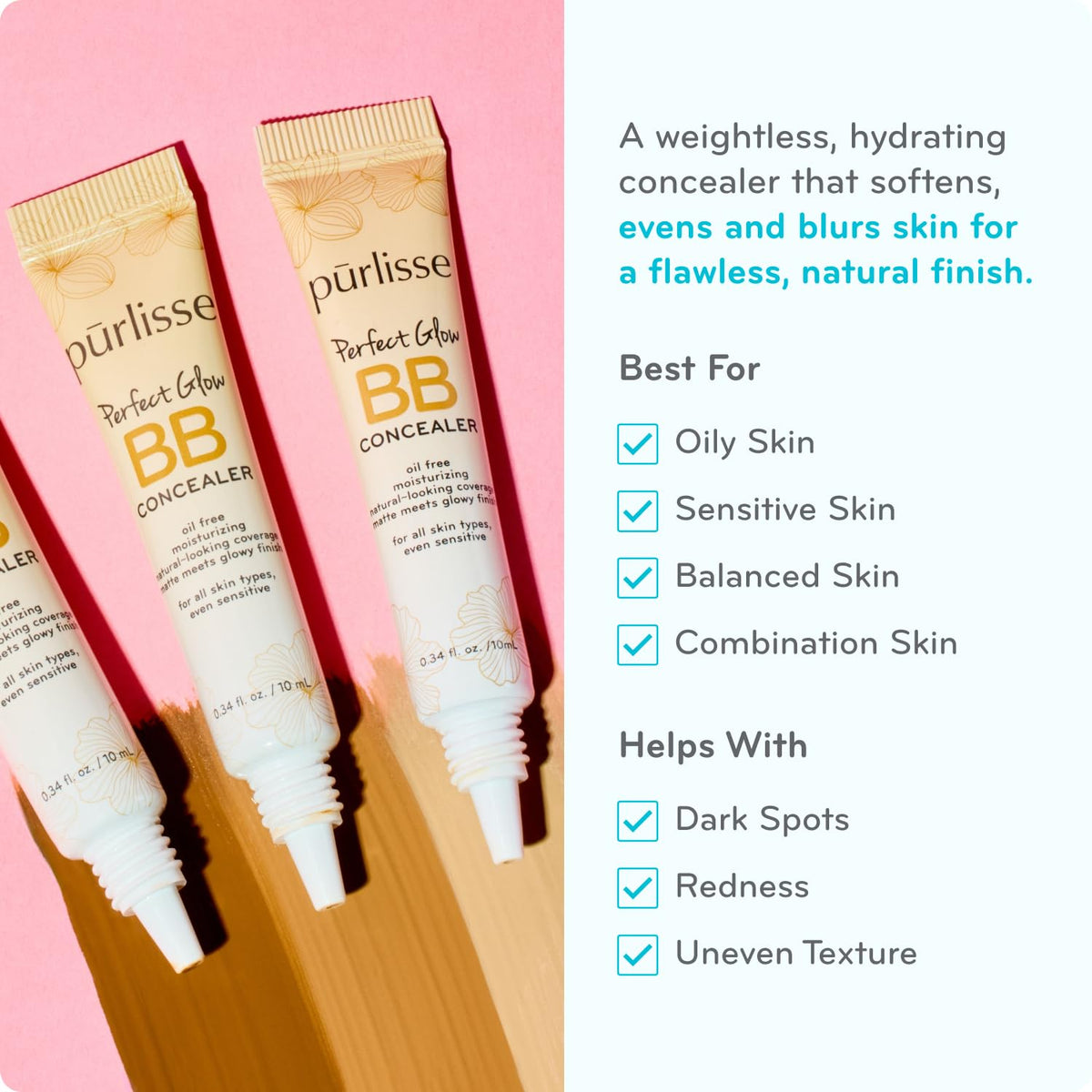 pūrlisse Perfect Glow BB Cream Concealer - Hydrating Under Eye Concealer with Jasmine and Goji & Hawthorn Berry - Oil Free Makeup for Dark Circles, Redness & Fine Lines - Light (0.34 oz)