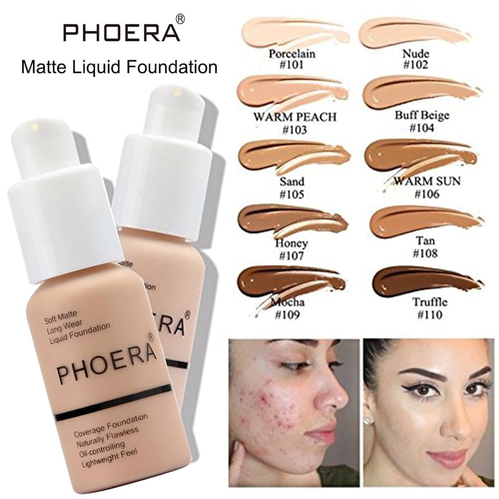 PHOERA Foundation Full Coverage, CC+ Cream Matte Finish for Mature Skin, Primer (102+120CC+N02/Nude)