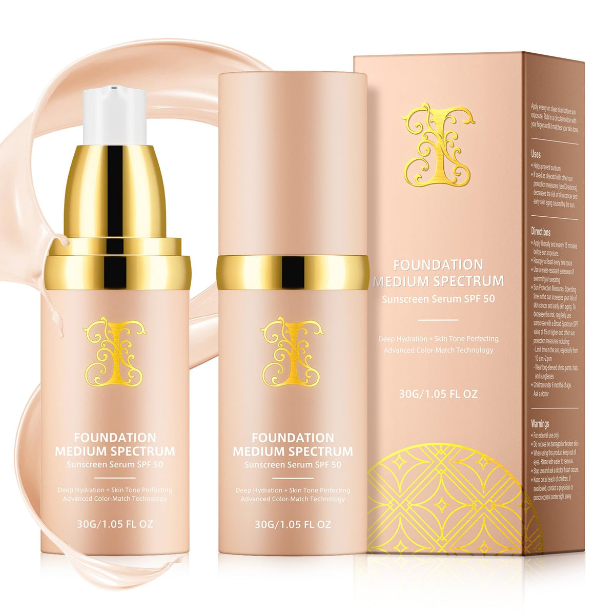 Foundation 4 in 1, Medium Spectrum with SPF 50+, Longwearing & Waterproof, Hydrating Color Changing Foundation, Non-Greasy,Long Lasting, Great for all skin types, 30ml