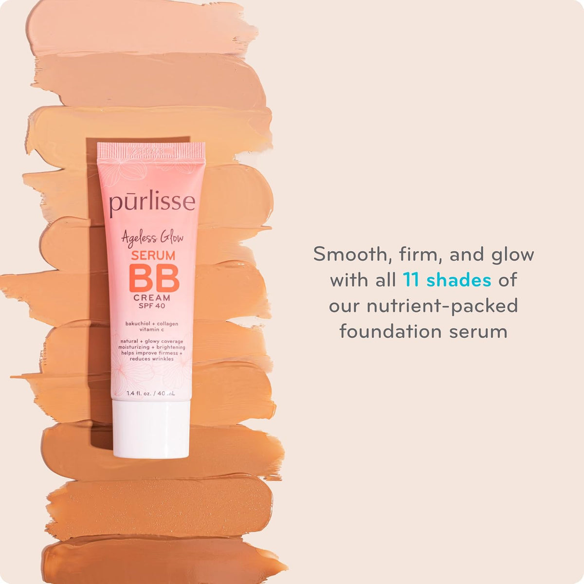 pūrlisse Ageless Glow Serum BB Cream SPF 40 - Glowy Tinted Moisturizer with SPF - Korean Skin Care Formula with Vitamin C & Bakuchiol to Firm, Brighten & Even Skin - Medium Warm(1.4 oz)
