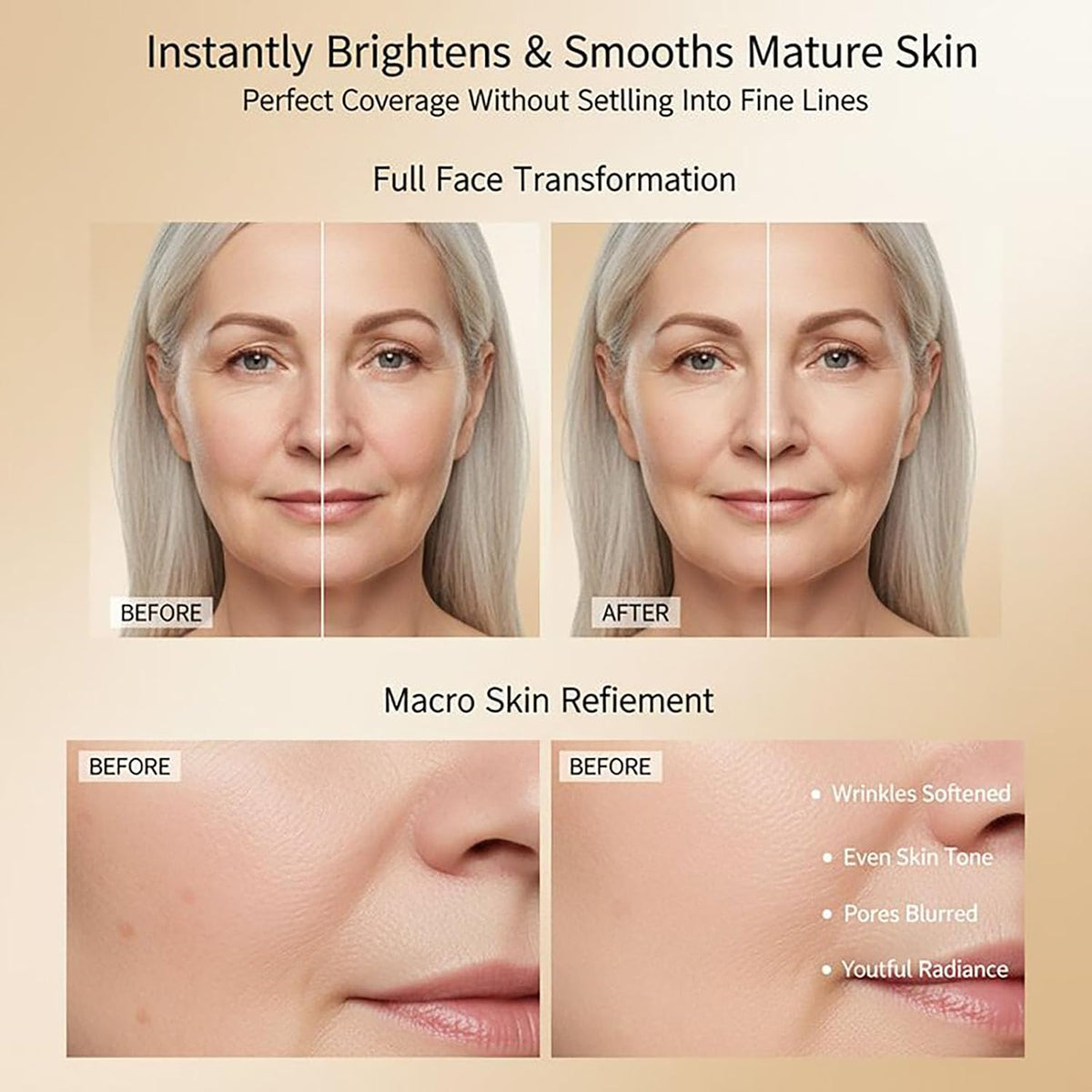 Foundation for Older Women | Warm - Perfect for Light/Medium Complexions | 2026 New Mushroom Head Air Cushion CC Cream Long-Lasting Full Coverage BB Cream | Moisturizing Even Skin for Mature Skin
