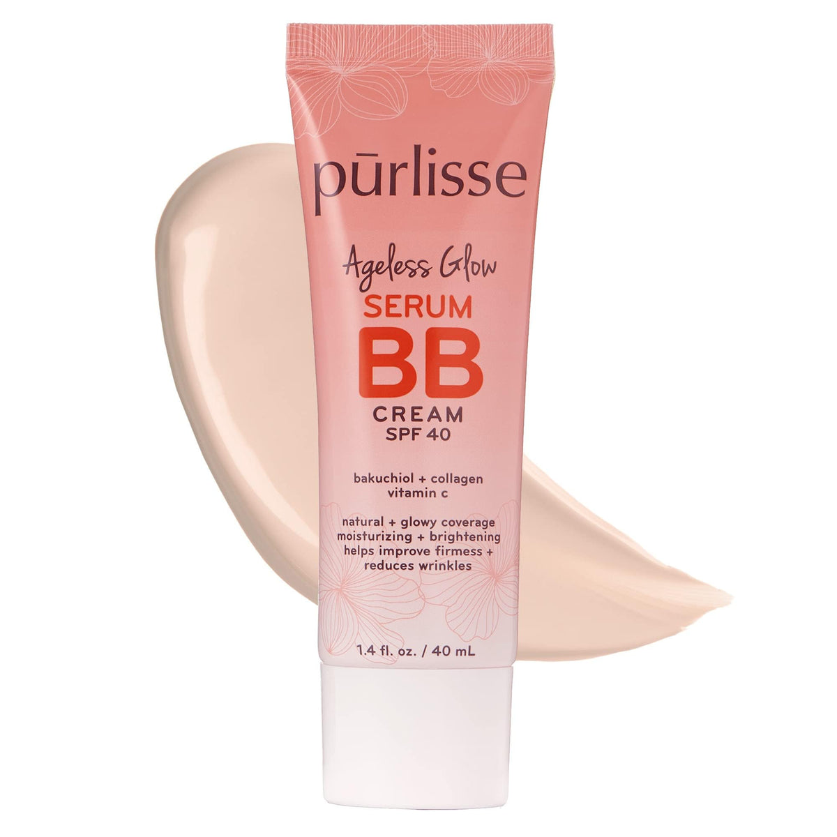 pūrlisse Ageless Glow Serum BB Cream SPF 40 - Glowy Tinted Moisturizer with SPF - Korean Skin Care Formula with Vitamin C & Bakuchiol to Firm, Brighten & Even Skin - Medium Warm(1.4 oz)