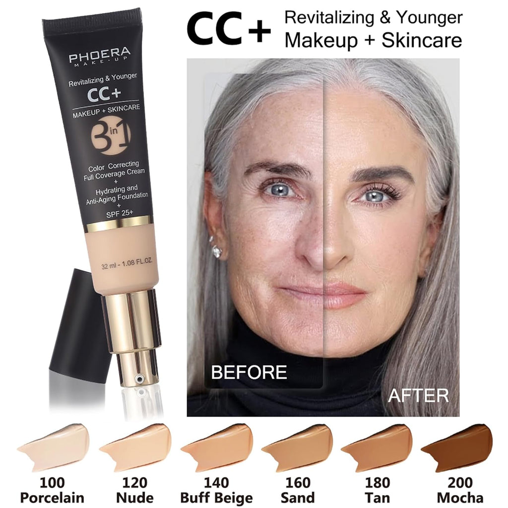 PHOERA Foundation Full Coverage, CC+ Cream Matte Finish for Mature Skin, Primer (102+120CC+N02/Nude)