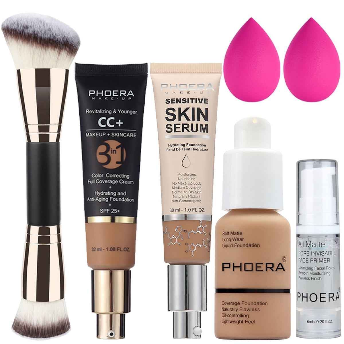 PHOERA Foundation Full Coverage, CC+ Cream Matte Finish for Mature Skin, Primer (102+120CC+N02/Nude)