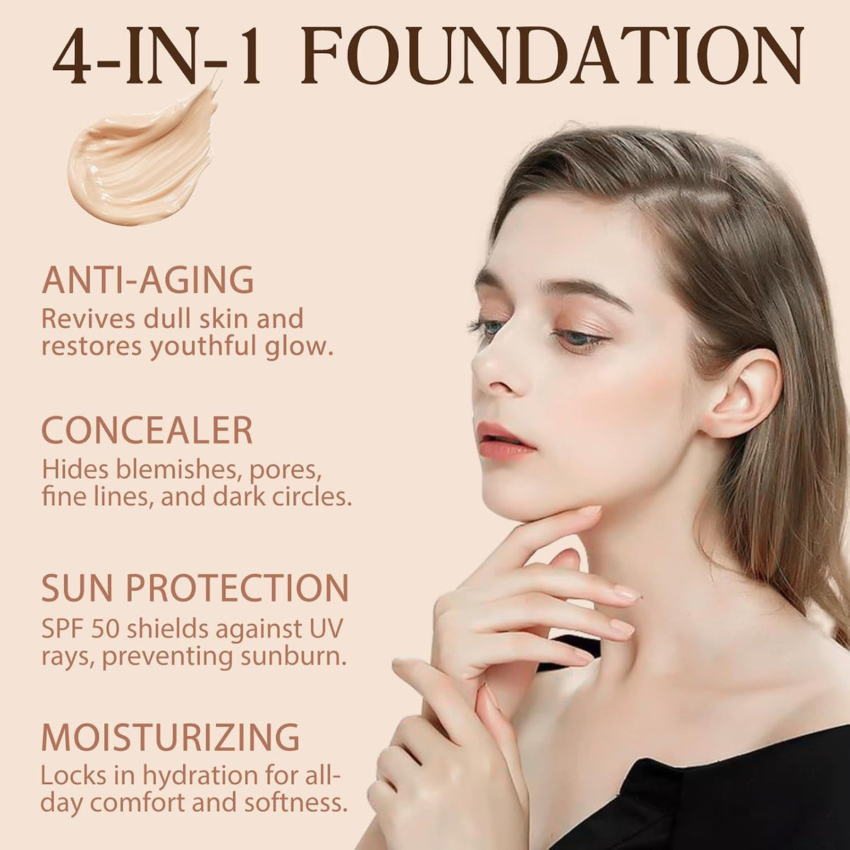 Foundation 4 in 1, Medium Spectrum with SPF 50+, Longwearing & Waterproof, Hydrating Color Changing Foundation, Non-Greasy,Long Lasting, Great for all skin types, 30ml