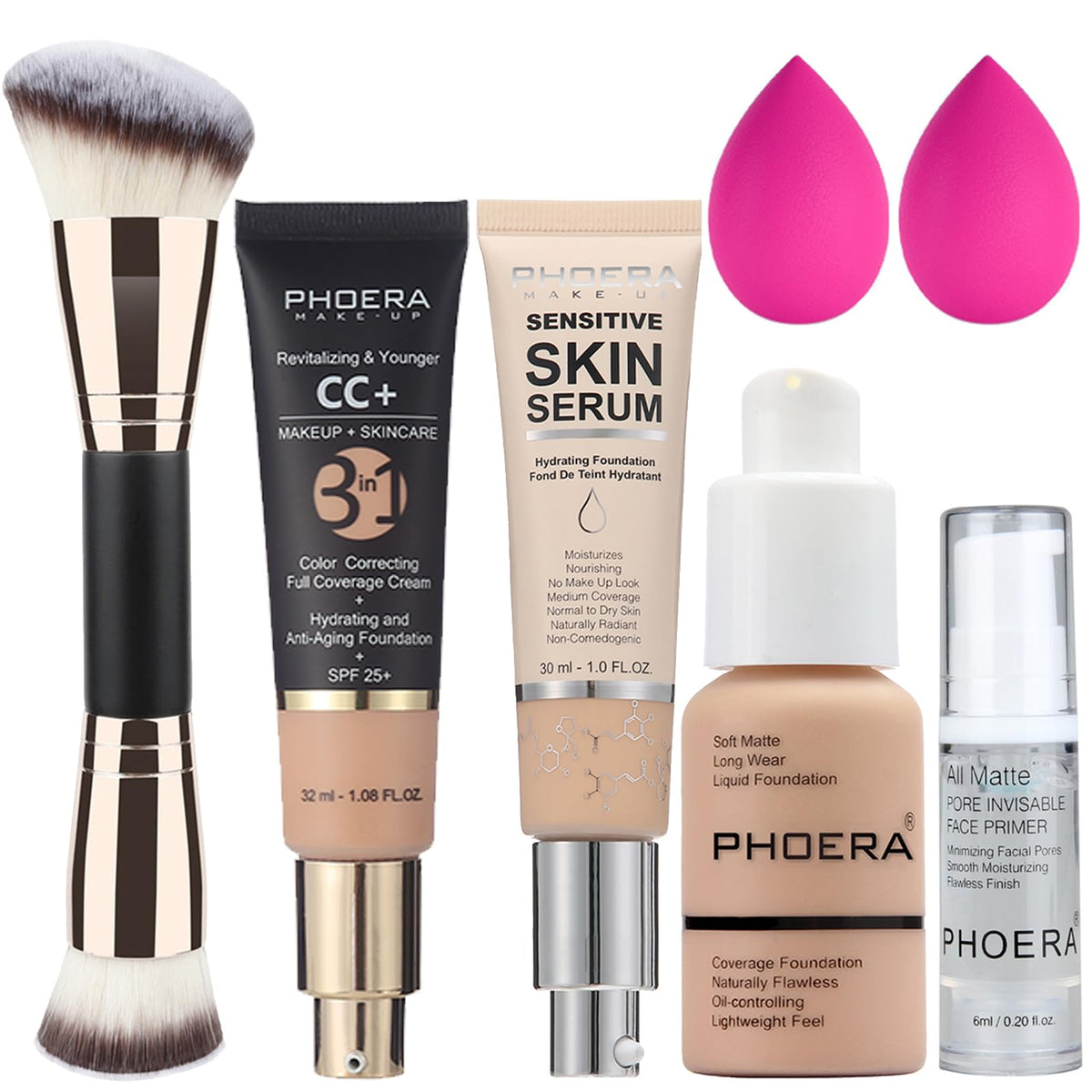 PHOERA Foundation Full Coverage, CC+ Cream Matte Finish for Mature Skin, Primer (102+120CC+N02/Nude)