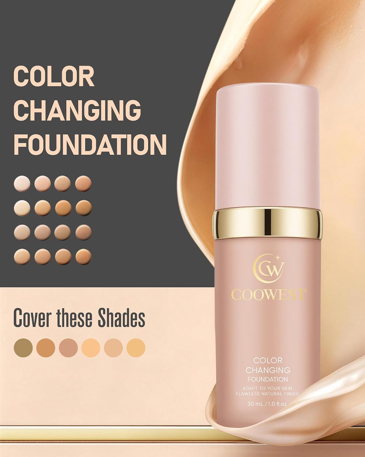 Color Changing Foundation for Mature Skin, 4-in-1 Light to Medium Shade-Adapting Skin Tint, Lightweight Hydrating Coverage Liquid Foundation Makeup, Smooth & Blur Finish, 30ml (Natural)