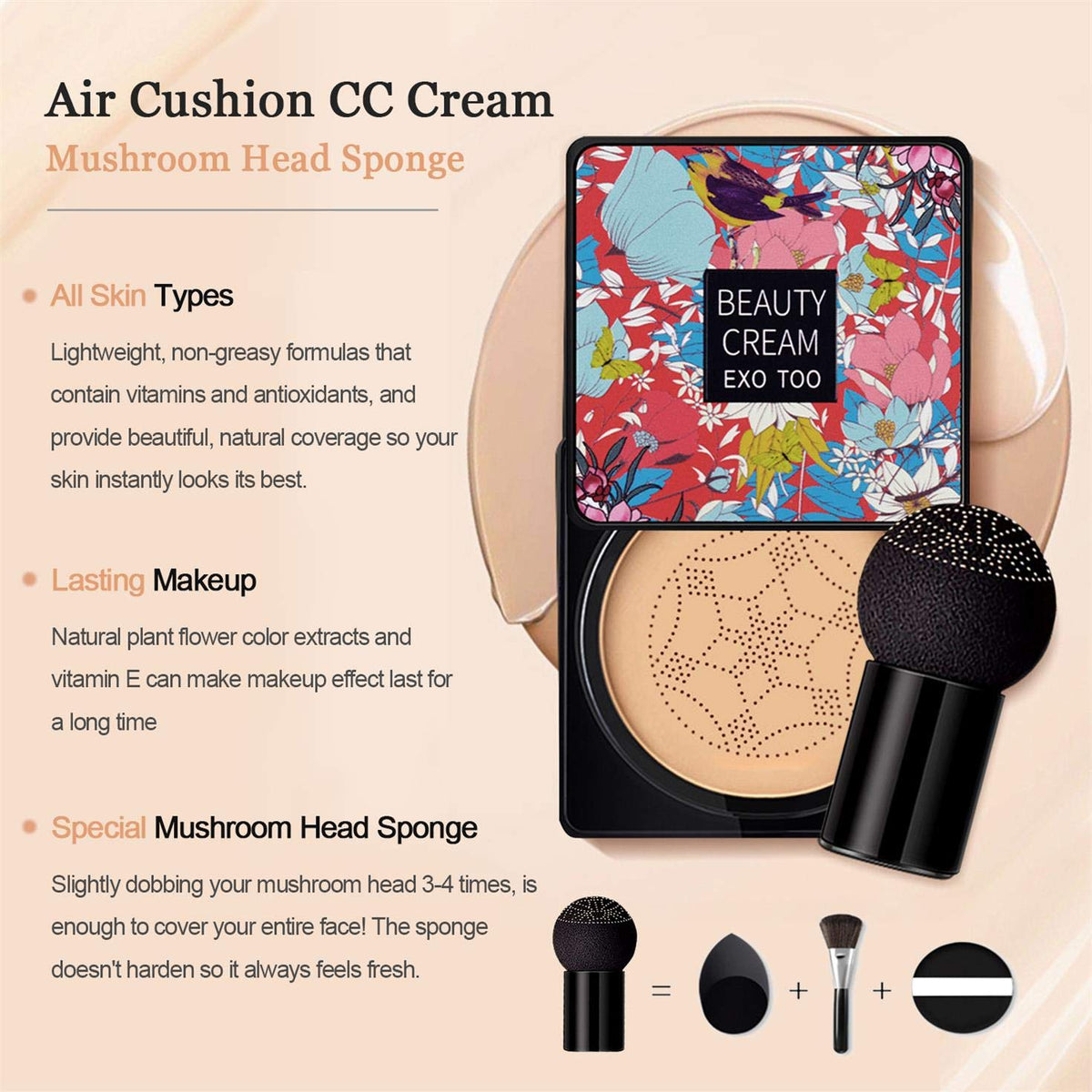 Mushroom Head Air Cushion CC Cream Foundation, Moisturizing BB Cream, Long Lasting Matte Concealer with 2PCS Mushroom Head Sponges