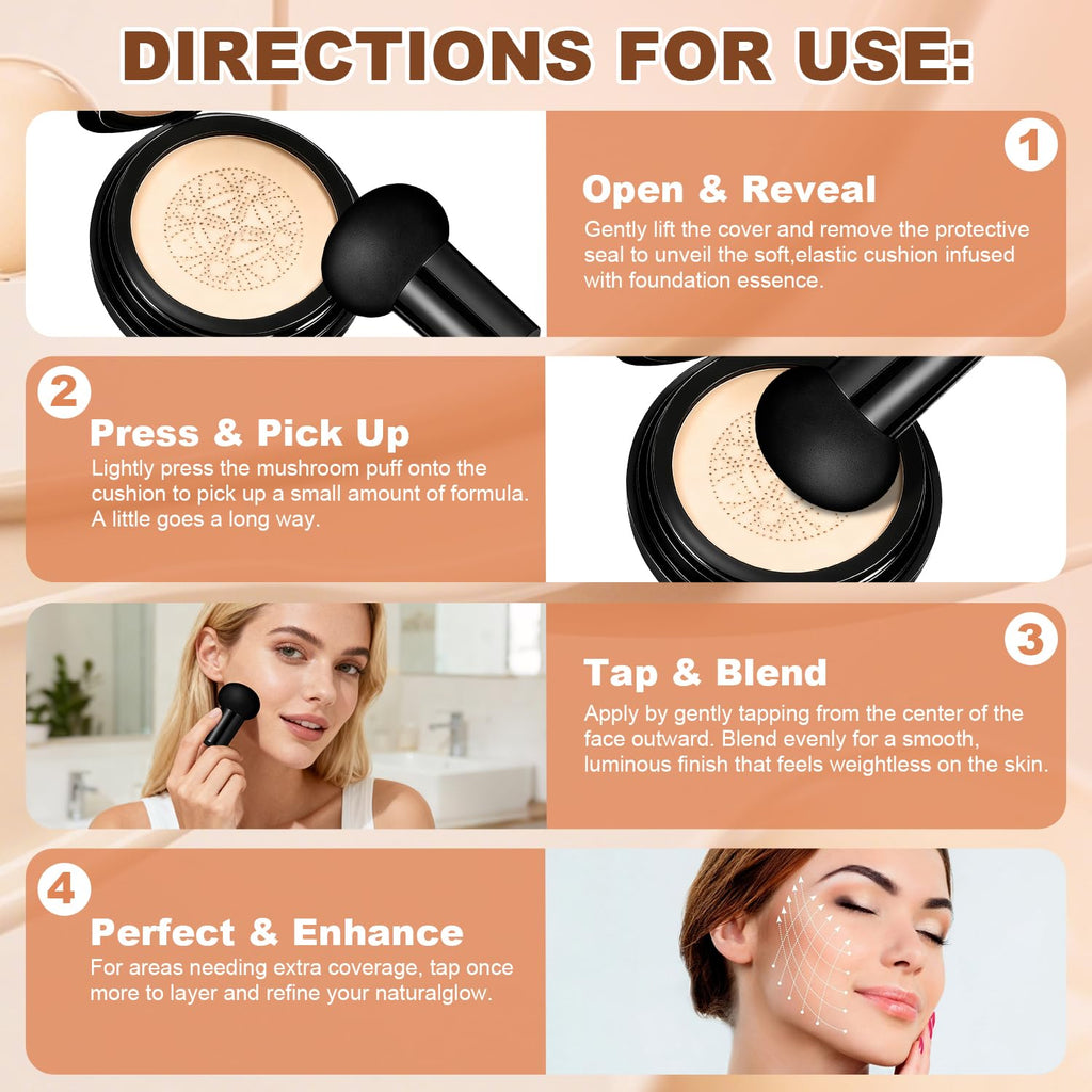 Natural Glow - Ideal for Light/Medium Complexions, Mushroom Head Air Cushion CC Cream - BB Cream Foundation for Older Women (Natural)