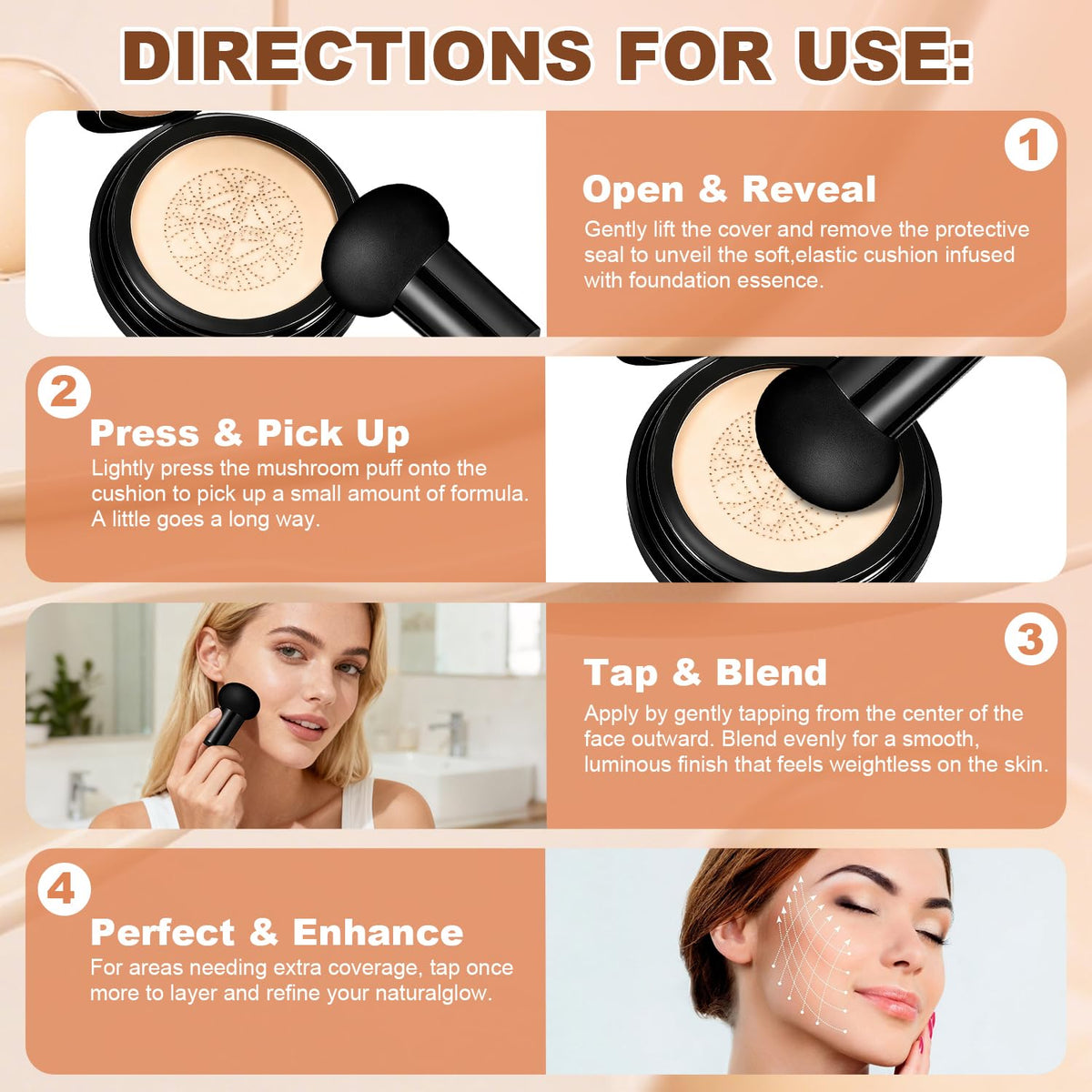 Natural Glow - Ideal for Light/Medium Complexions, Mushroom Head Air Cushion CC Cream - BB Cream Foundation for Older Women (Natural)