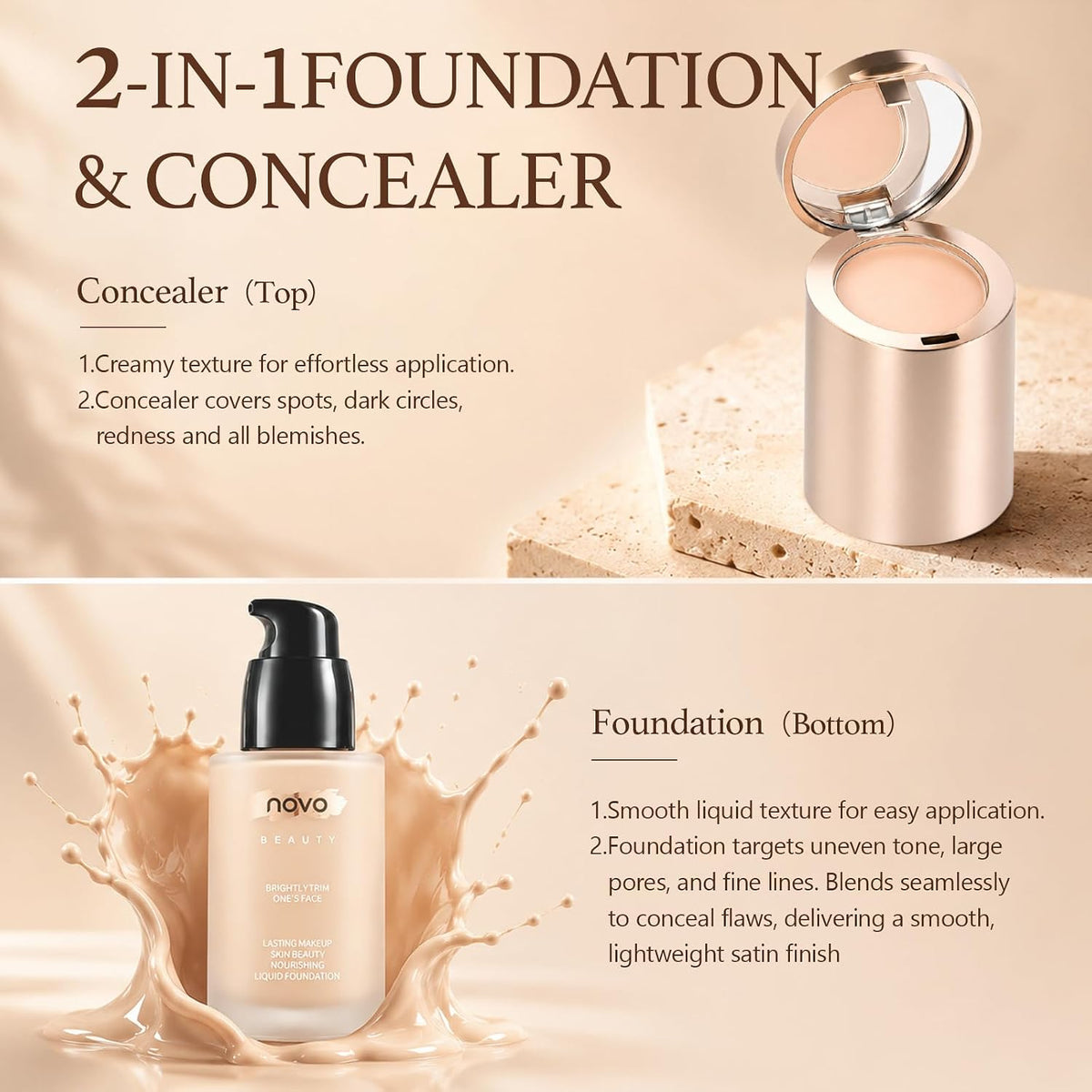 2-in-1 Full Coverage Liquid Foundation + Cream Concealer, Light Ivory
