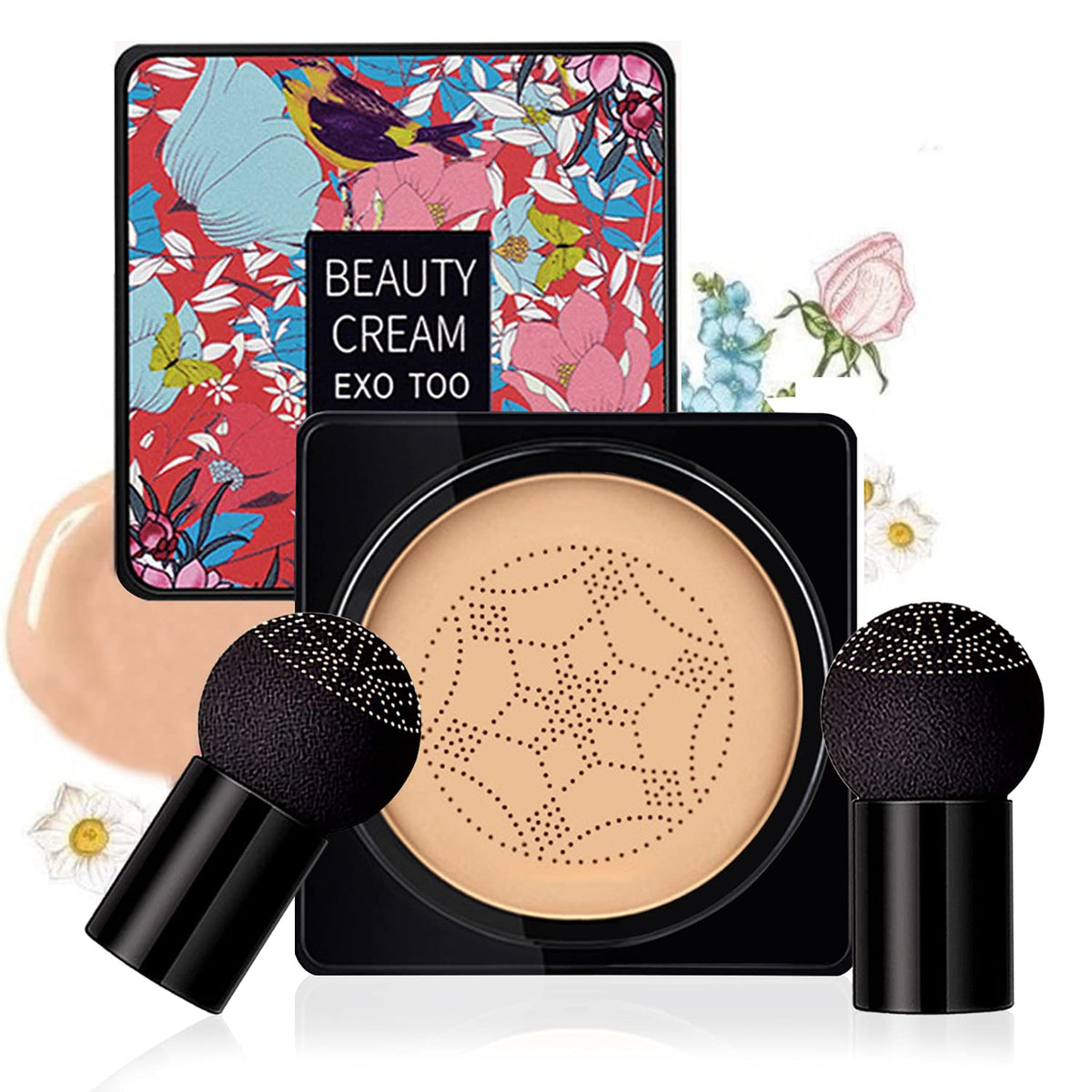 Mushroom Head Air Cushion CC Cream Foundation, Moisturizing BB Cream, Long Lasting Matte Concealer with 2PCS Mushroom Head Sponges