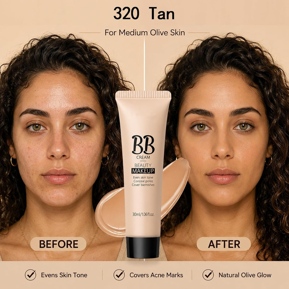 Korean BB Cream & Foundation 2-in-1 - Buildable Coverage Tinted Moisturizer with SPF, for a Natural Matte Finish & All-Day Wear (320 Tan)