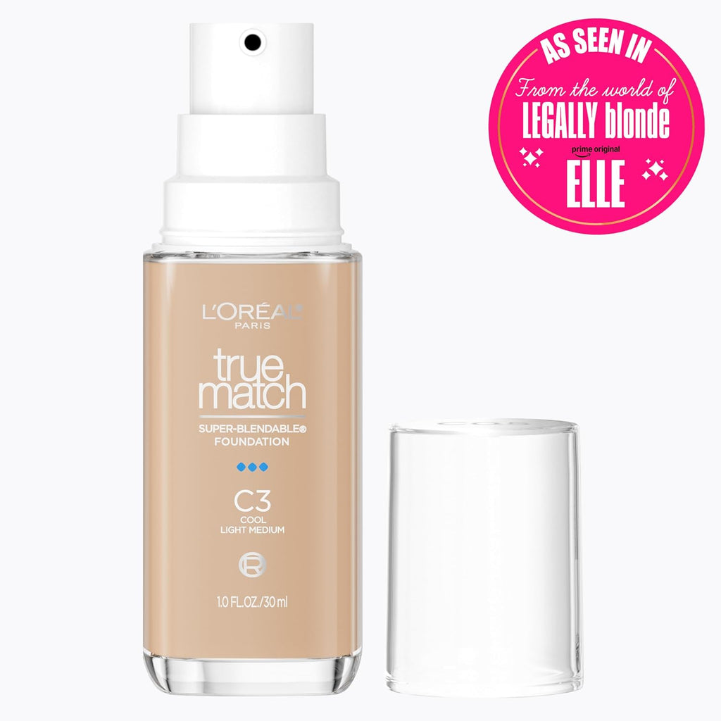 L'Oreal Paris True Match Super-Blendable Foundation, Medium Coverage Liquid Foundation Makeup, C3, Light Medium, 1 Fl Oz